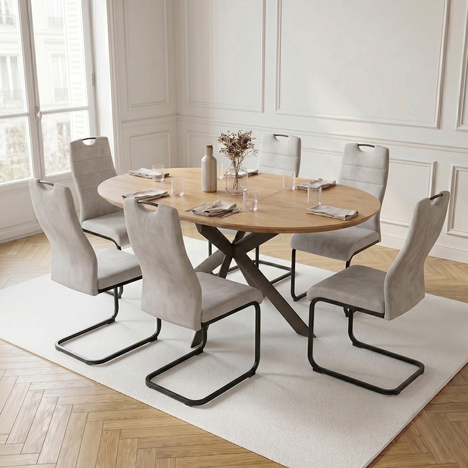 Jiexi Essgruppe Essgruppe ausziehbar rund bis oval MDF Tisch mit Freischwinger
