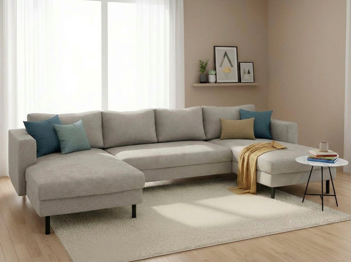 TRENDMANUFAKTUR Wohnlandschaft Amazing II, wahlw. mit Schlaffunktion & Bettkasten, Fuß schwarz, Sofa in U-Form, in Cord, Struktur LEO o. Struktur LINO, Breite 305 cm