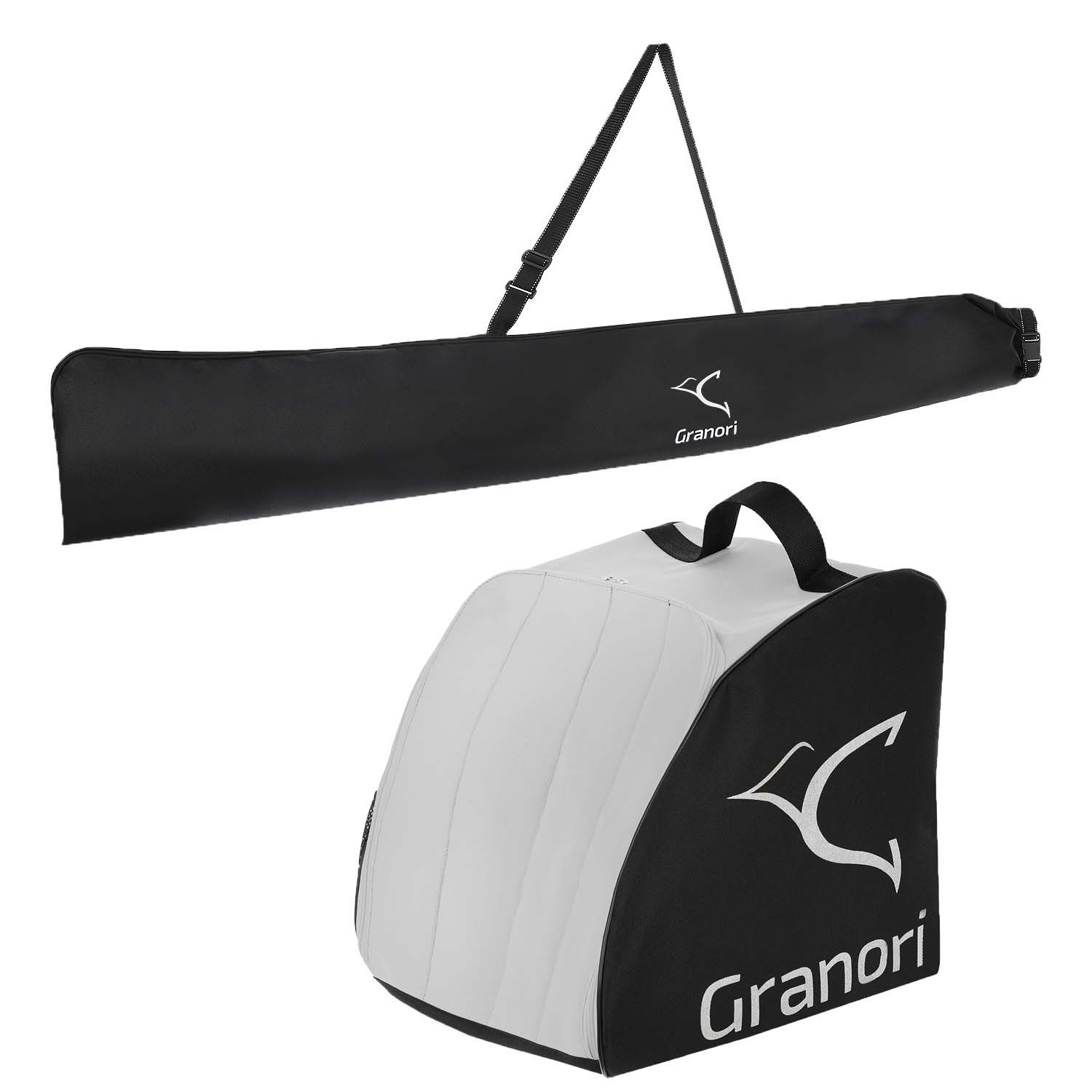 Granori Skitasche Rolltop Skisack + Skischuhtasche für 1 Paar Skischuhe & Ski (Kombi-Set), 150 bis 195 cm Länge (Größe variabel einstellbar)