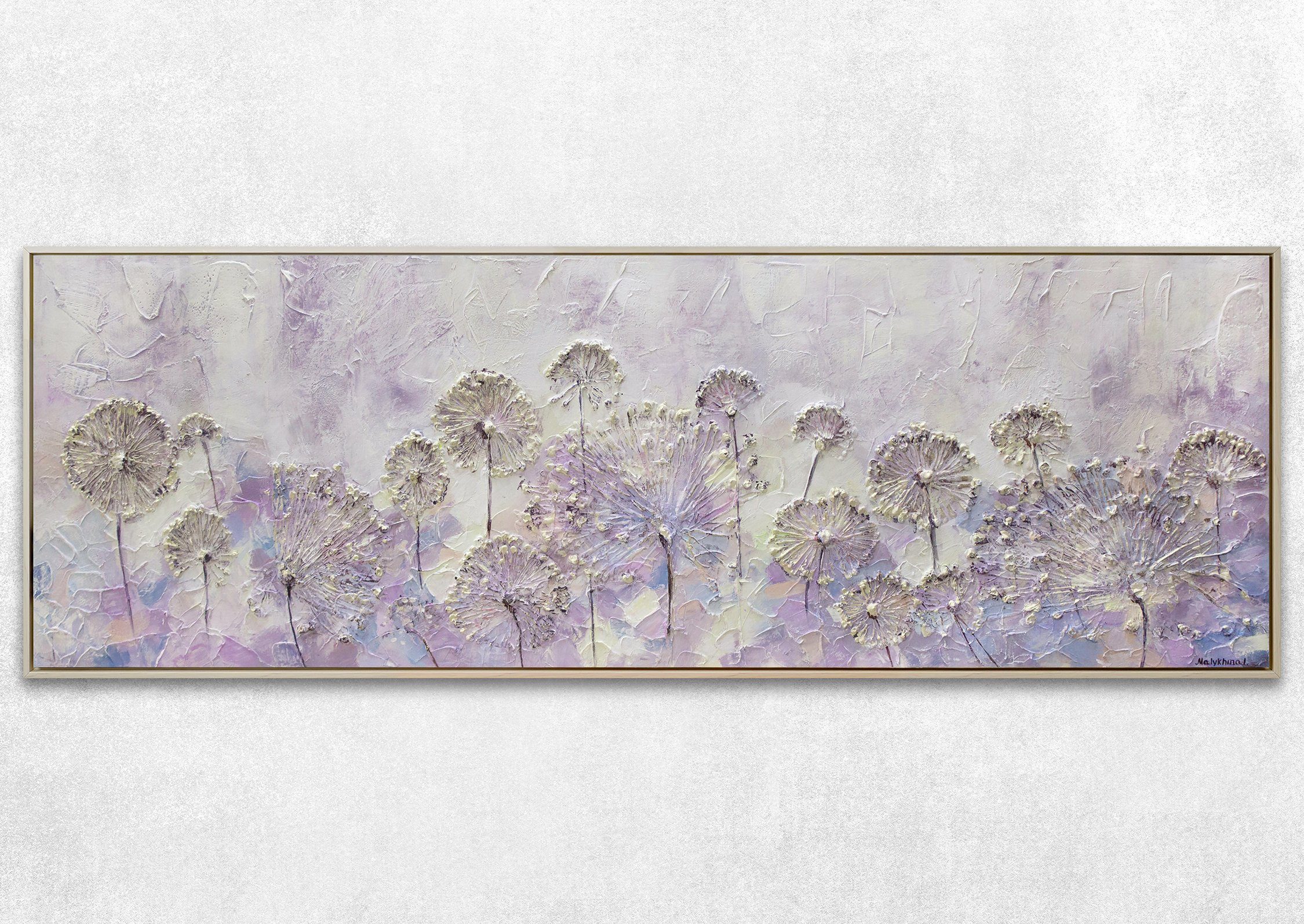 Leinwand Blumen Blumen, Rahmen Frühlingsanfang, Mit Beige Löwenzahn Bild YS-Art Gemälde Lila in Handgemalt
