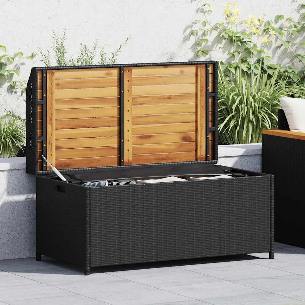 furnicato Truhenbank Bank mit Stauraum Schwarz 100x50x52 cm Poly Rattan Massivholz (1-St), UV-beständige Kissenbox mit Gasfeder und wasserfestem Innenbeutel