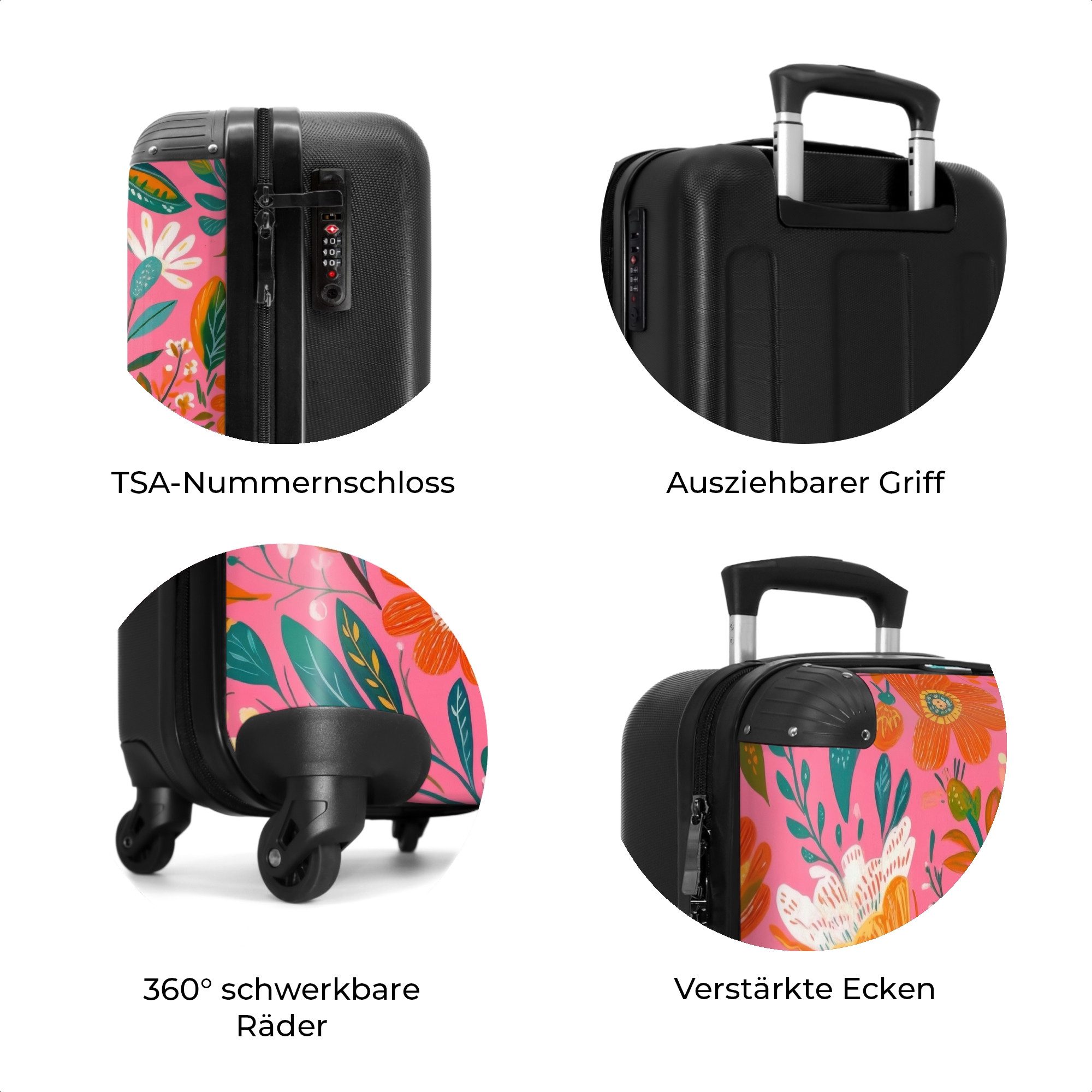 NoBoringSuitcases.com© Hartschalen-Trolley Feldblumen mit rosa Hintergrund 55x35x20cm, 4 Rollen, Reisetasche mit Rollen, Koffer Handgepäck Flugzeug