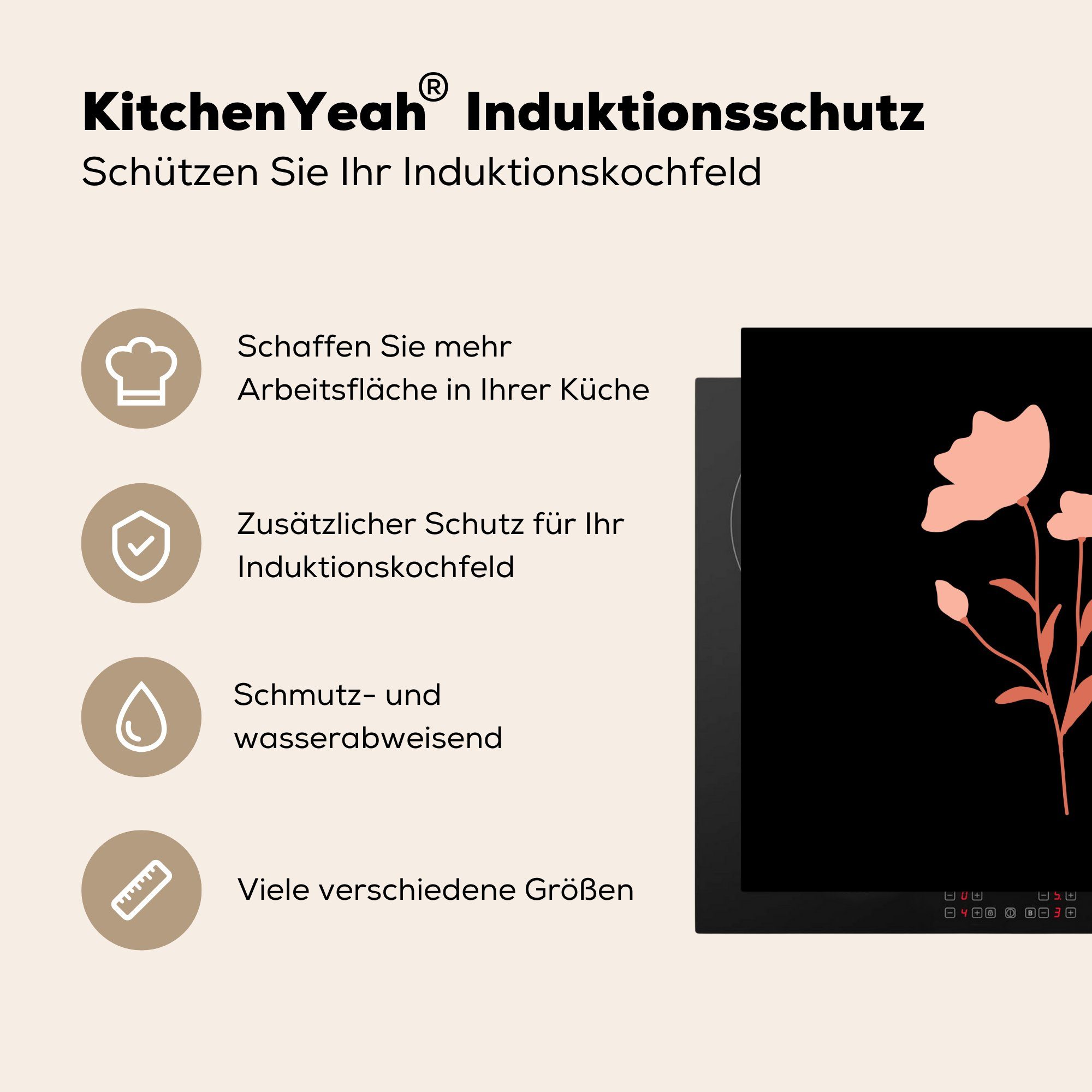 Hintergrund, küche Ceranfeldabdeckung, mit cm, Blume 78x78 einer Herdblende-/Abdeckplatte (1 Vinyl, tlg), Arbeitsplatte schwarzem Illustration für MuchoWow rosa