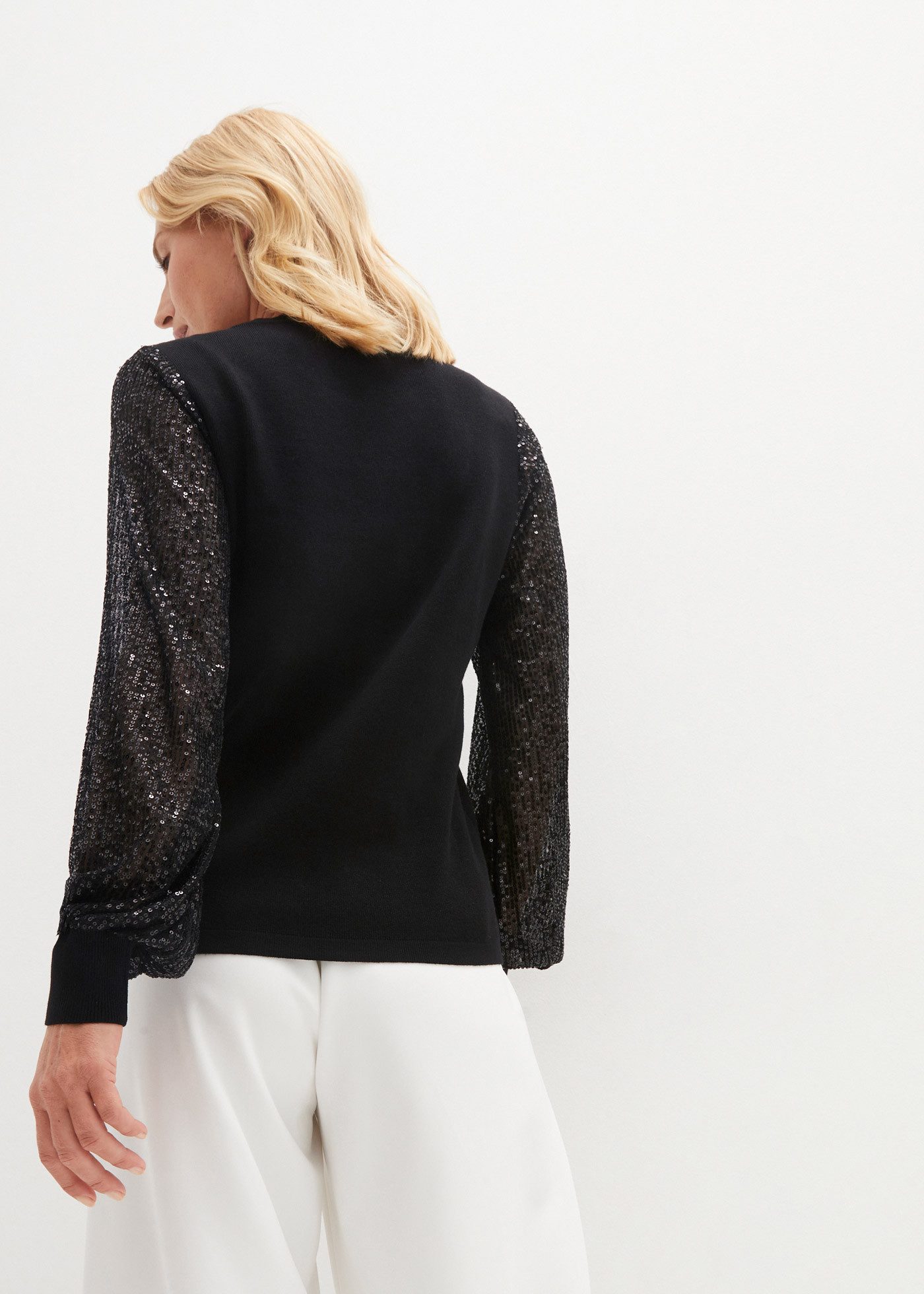 bonprix Strickpullover im weichen Viskose-Feinstrick, mit Ballonärmeln mit Pailletten