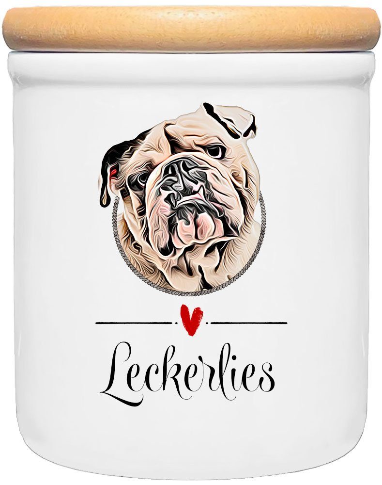 Cadouri Vorratsdose ENGLISCHE BULLDOGGE - Leckerlidose Hund - für Hundekekse, Keramik, (Leckerlidose mit Hunderasse, 2-tlg., 1x Keramikdose mit Holzdeckel), Hundekeksdose, handgefertigt in Deutschland, für Hundebesitzer, 400 ml