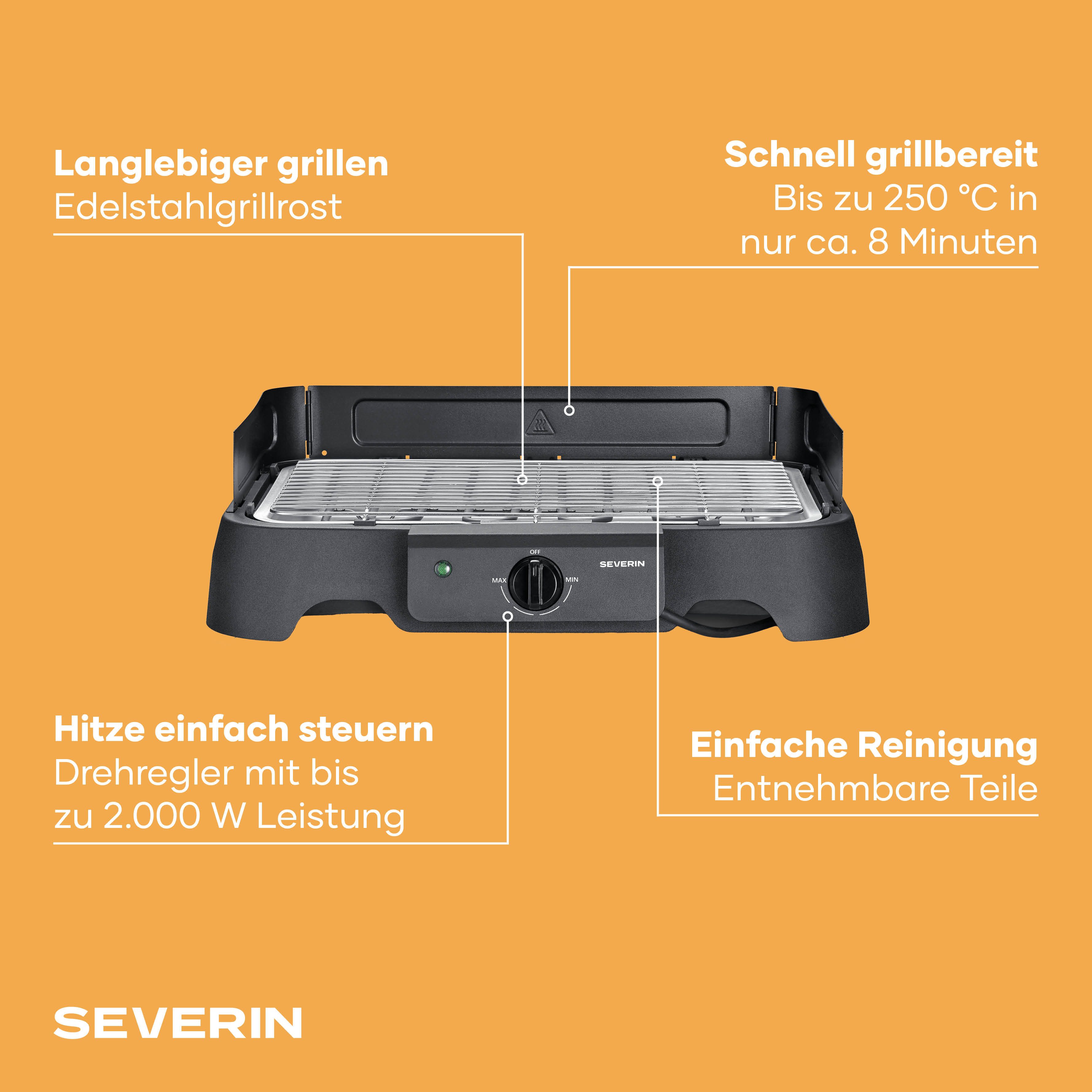 Severin Elektrogrill PG 8593, 2 W, Edelstahl-Grillrost, Tischgrill 200°C, wenig Rauch, In-&Outdoor, 2000W