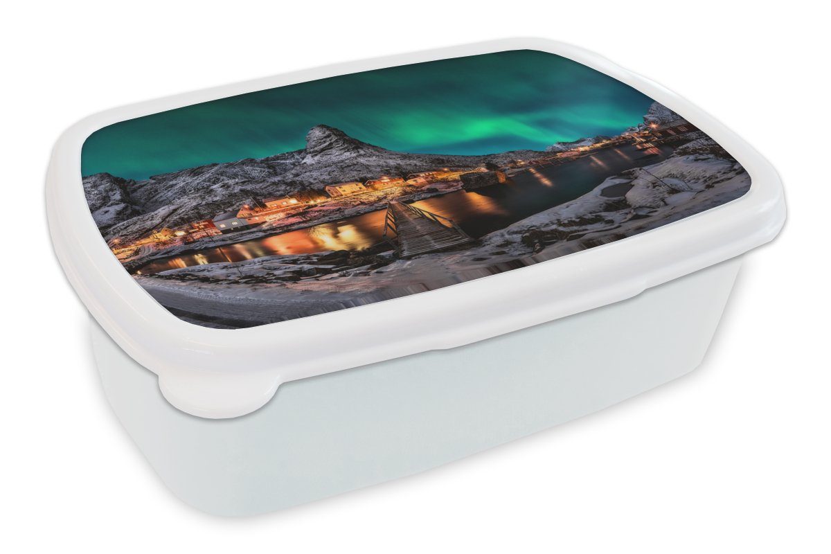 MuchoWow Lunchbox Nordlicht - Island - Schnee - Dorf - Grün - Berge, Kunststoff, (2-tlg), Brotbox für Kinder und Erwachsene, Brotdose, für Jungs und Mädchen weiß | Lunchboxen