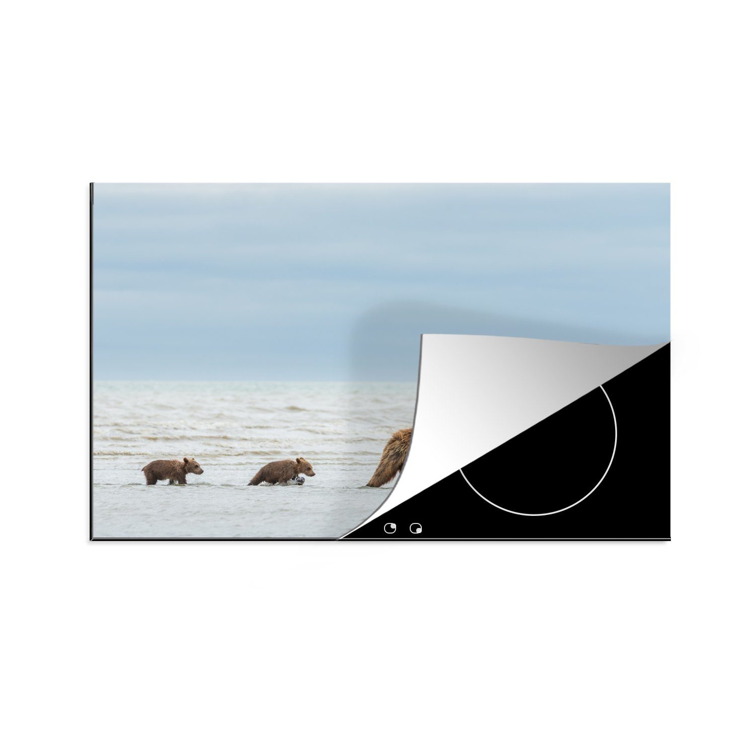 MuchoWow Herdblende-/Abdeckplatte Strand - Bär - Junge, Vinyl, (1 tlg), 81x52 cm, Induktionskochfeld Schutz für die küche, Ceranfeldabdeckung