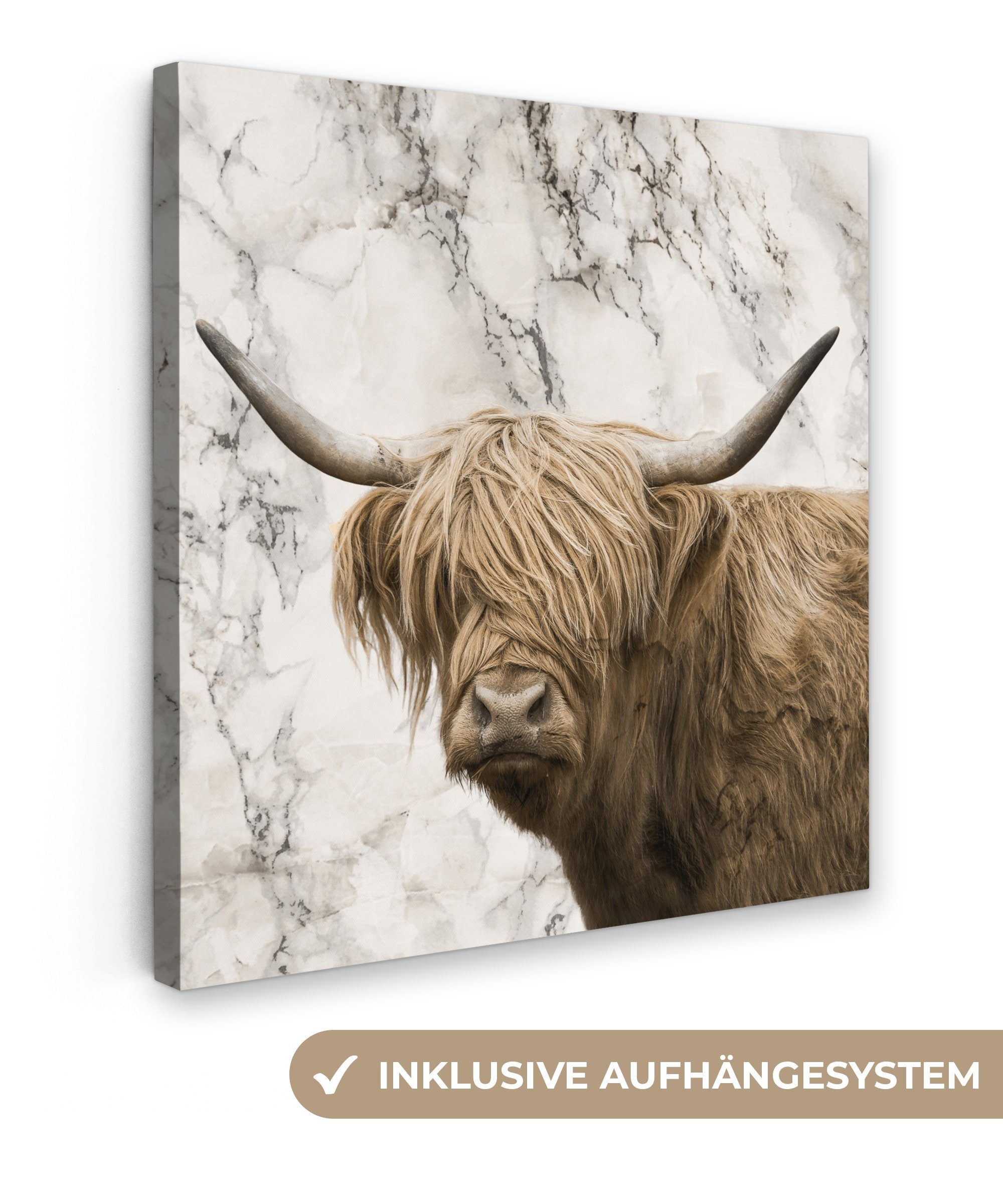 OneMillionCanvasses® Leinwandbild Schottischer Highlander - Marmor - Tiere, (1 St), Leinwand Bilder für Wohnzimmer Schlafzimmer, 20x20 cm