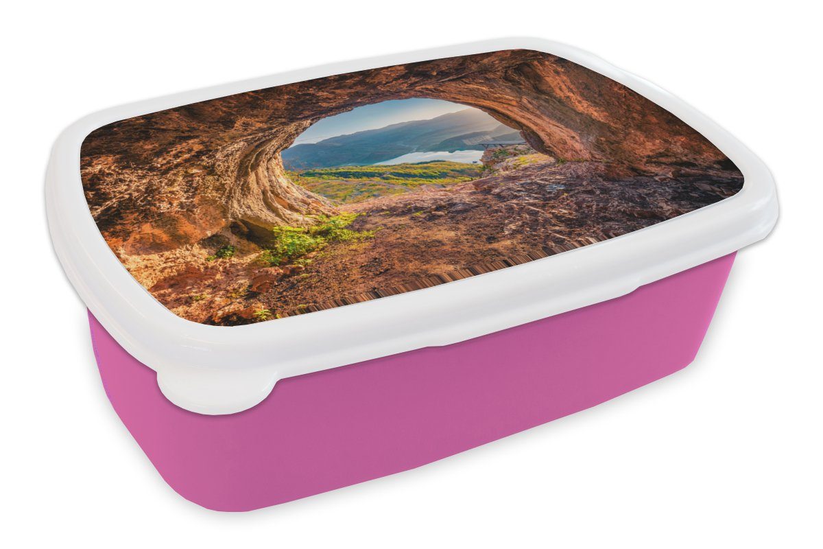 MuchoWow Lunchbox Höhle - Berg - Landschaft - Natur, Kunststoff, (2-tlg), Brotbox für Erwachsene, Brotdose Kinder, Snackbox, Mädchen, Kunststoff rosa