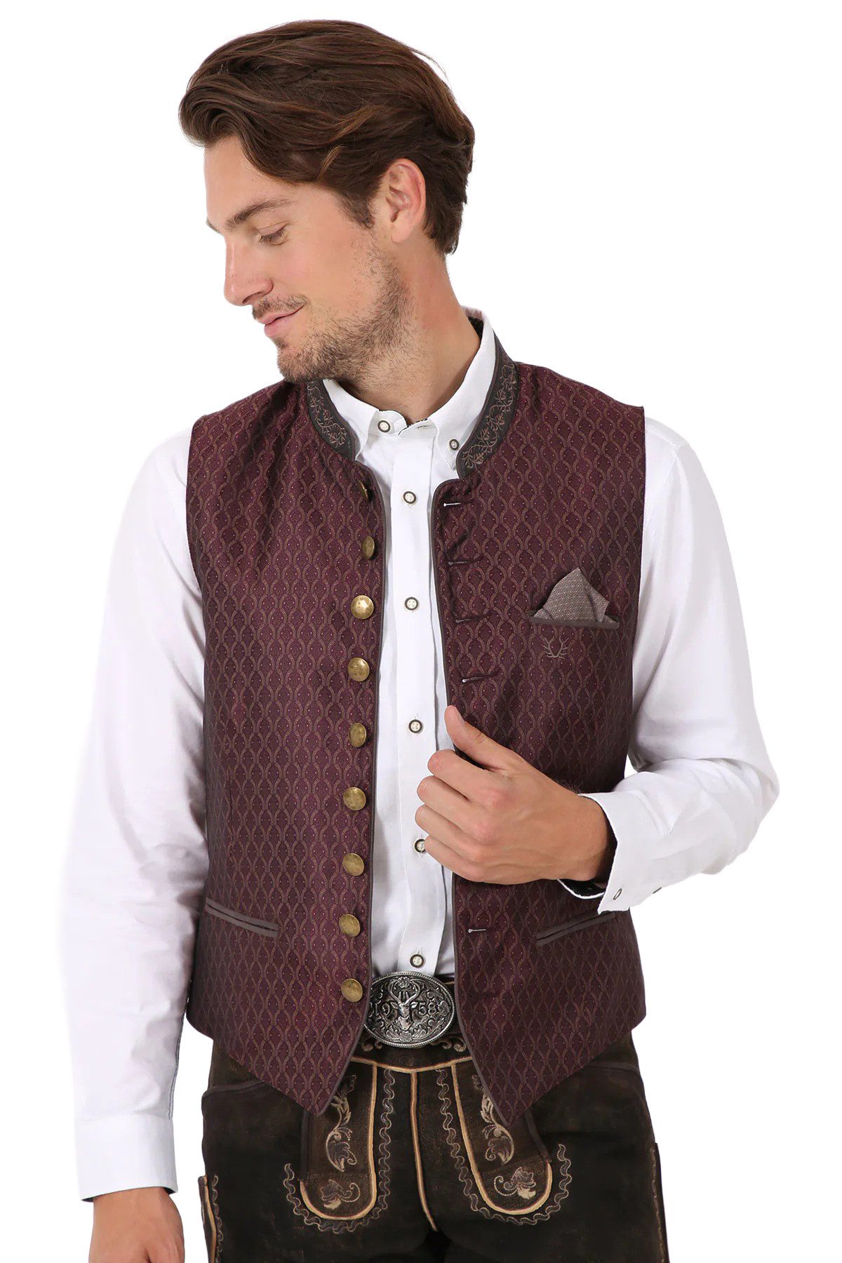 Moschen-Bayern Trachtenweste Gilet Adrian Herren Rot Bordeauxe - Traditionelles Muster - Gilet