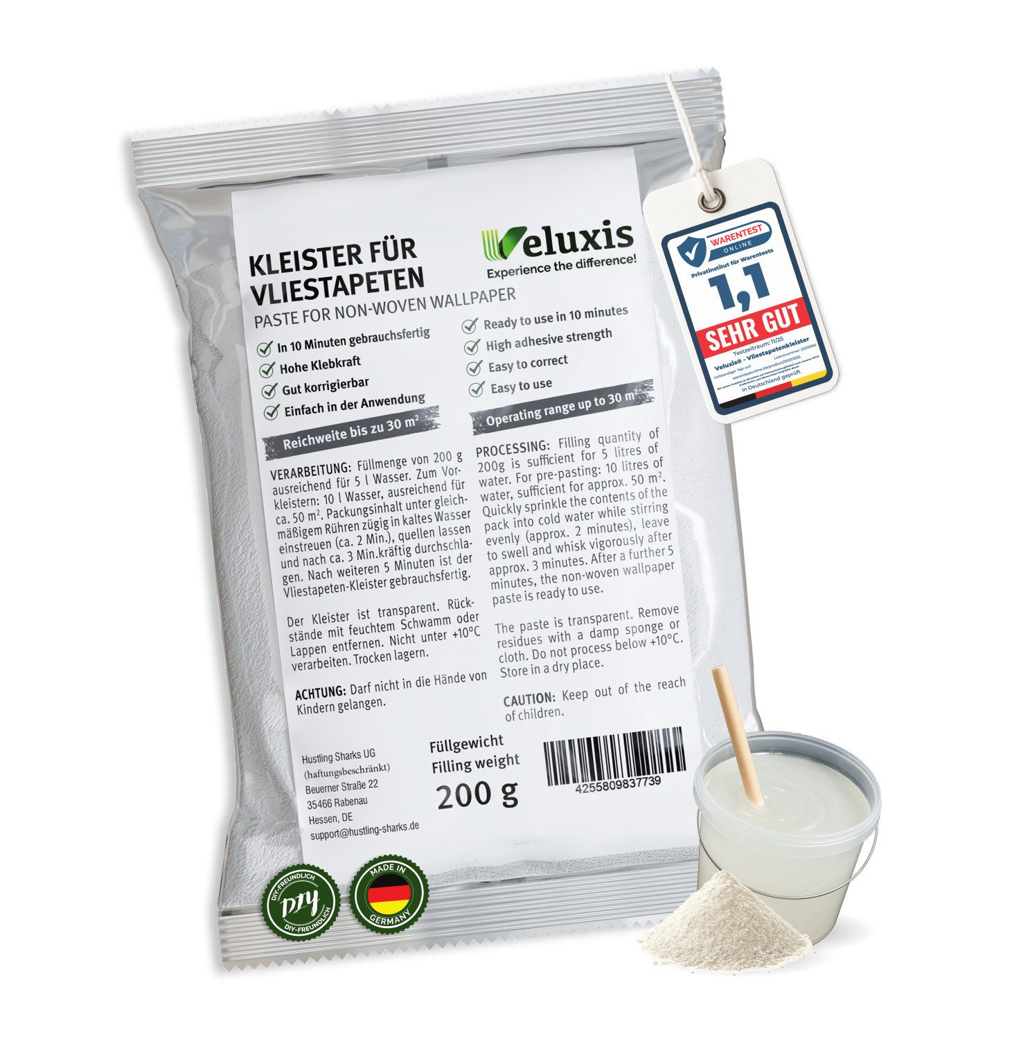 Veluxis Kleister Veluxis® Vliestapetenkleister, (1-tlg), Starke Klebkraft, fleckenfrei & korrigierbar, 1 Beutel = 30 qm