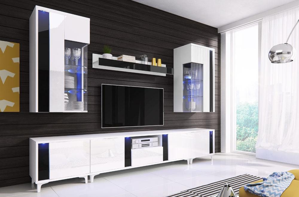Xlmoebel Wohnwand Hochglanz Wohnwand mit Vitrine und praktischem Sideboard, (5-St., RTV + 2x Schränke + 2x Vitrine), Hergestellt in Europa
