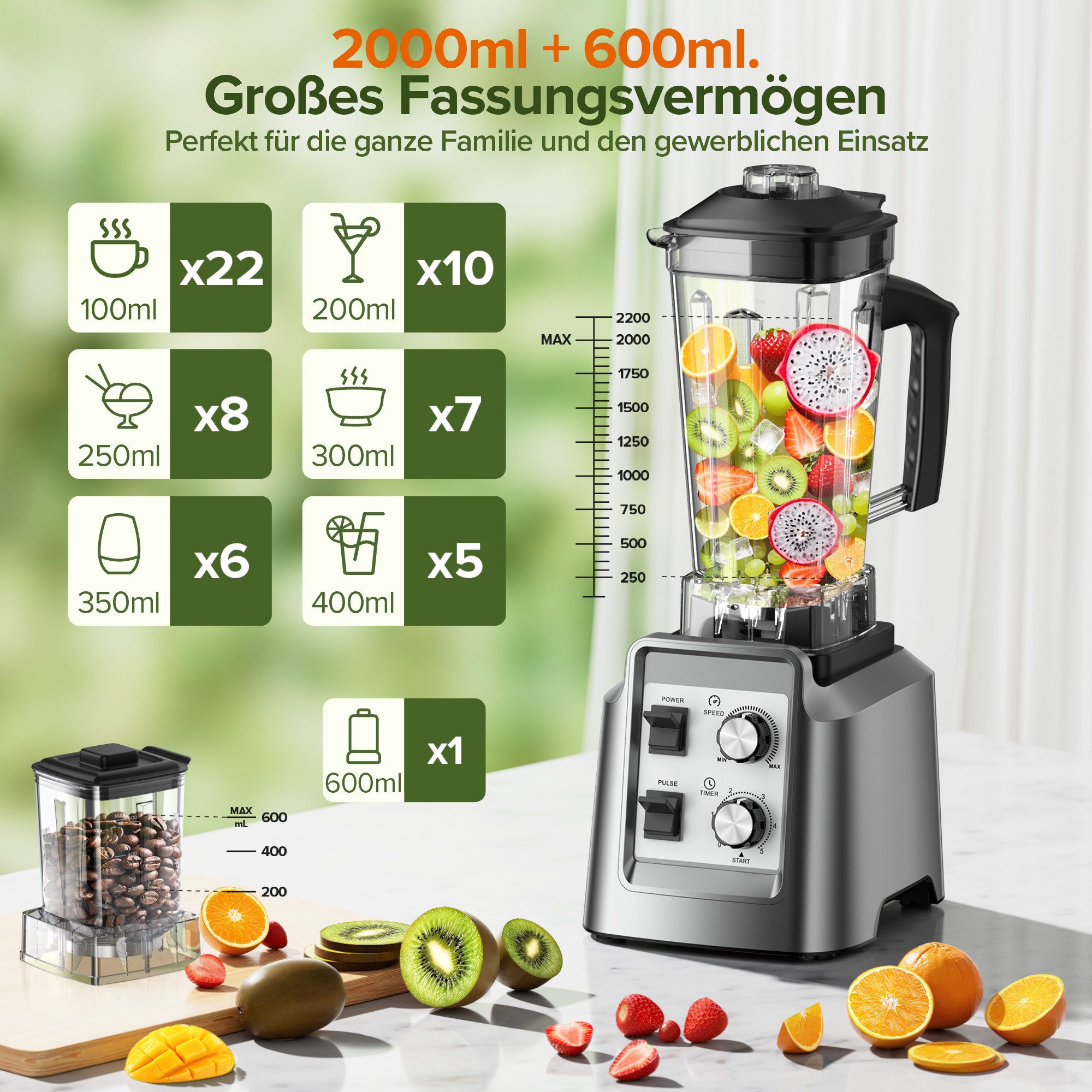 Teendow Standmixer HS-209D Standmixer Smoothie Maker & Grinder 2-in-1, BPA-frei, 2L, 1800 W, Mahlbare Kaffeebohnen