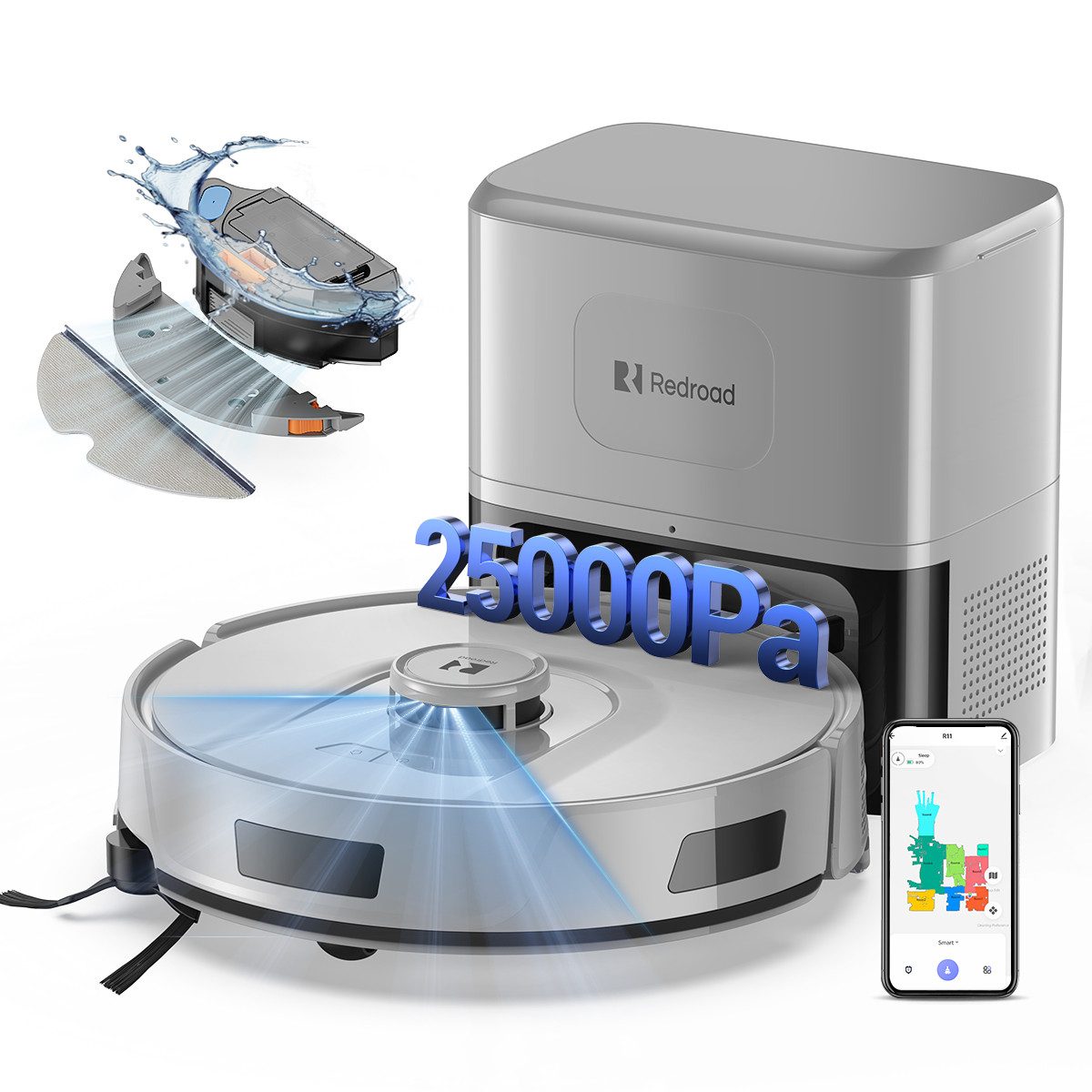 redroad Saugroboter mit Wischfunktion 25KPa Saugkraft/Absaugstation/LiDAR/3200mAh/60dB, 880 W, mit Beutel, Robot Vacuum, saugroboter für hohe türschwellen,APP Steuerung