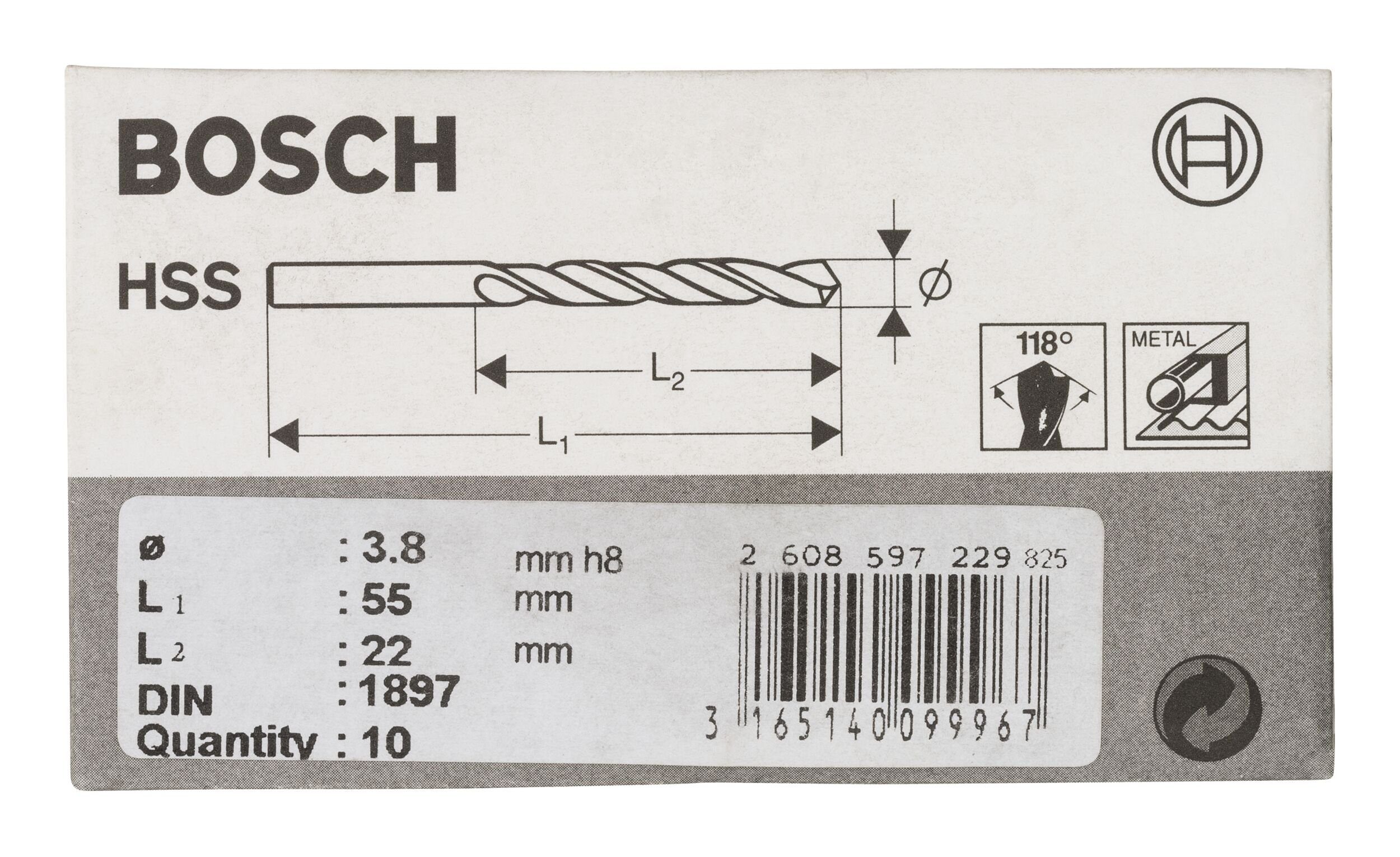 BOSCH Metallbohrer, (10 Stück), HSS-R 1897) - 3,8 55 x x 10er-Pack mm - 22 Karosseriebohrer (DIN