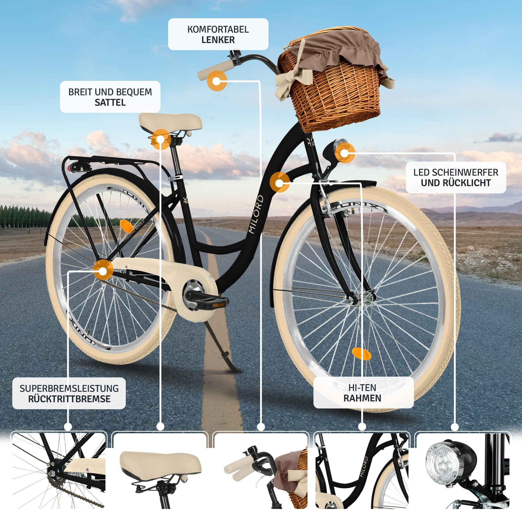 Milord Cityrad Milord City Fahrrad Korb Damen, 28/26 Zoll, Schwarz-Creme, 1-Gang, 1 Gang, (Fahrradständer, Gepäckträger, Klingel, Korb, Kotflügel)