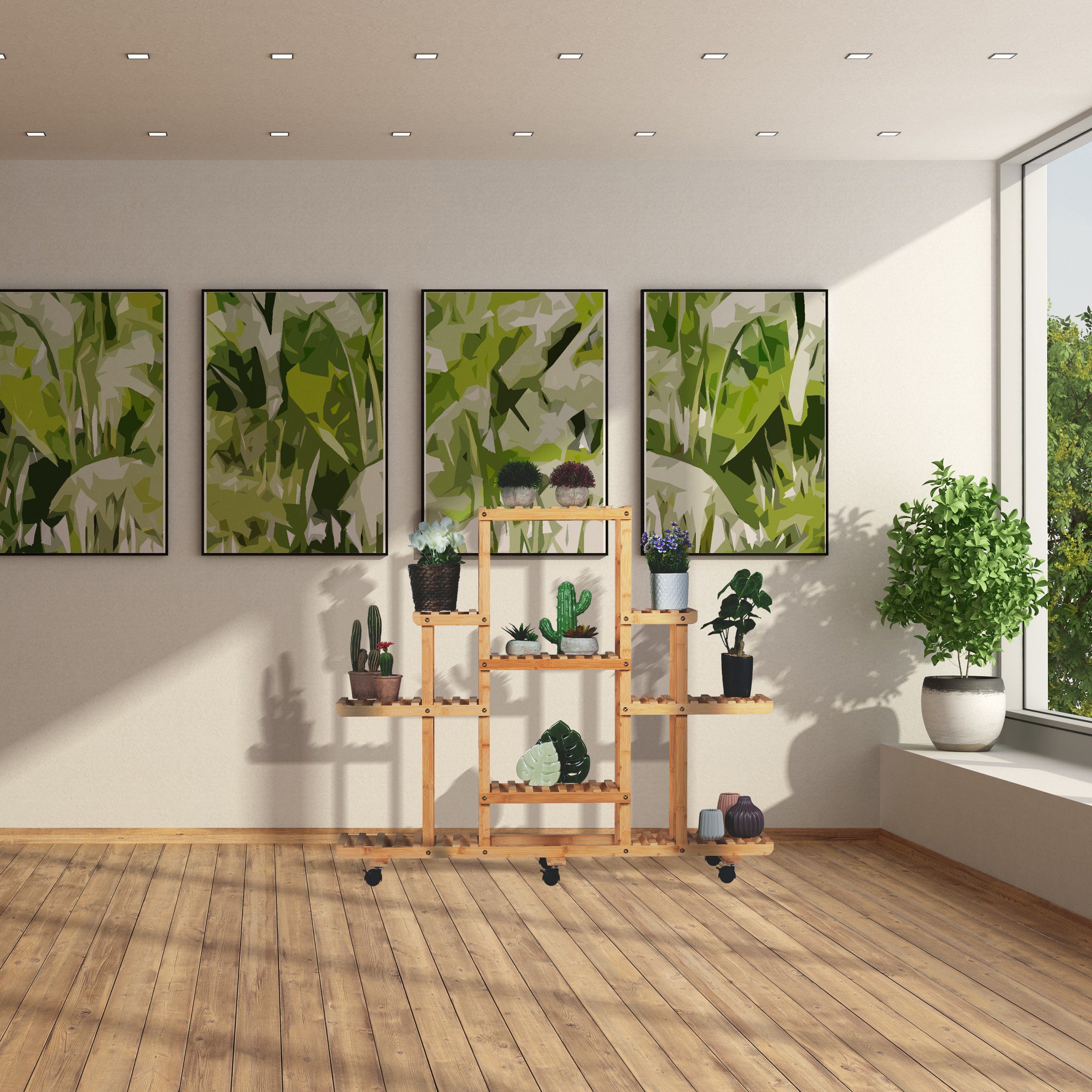 relaxdays Blumenständer Bambus Pflanzenregal mit Rollen günstig online kaufen