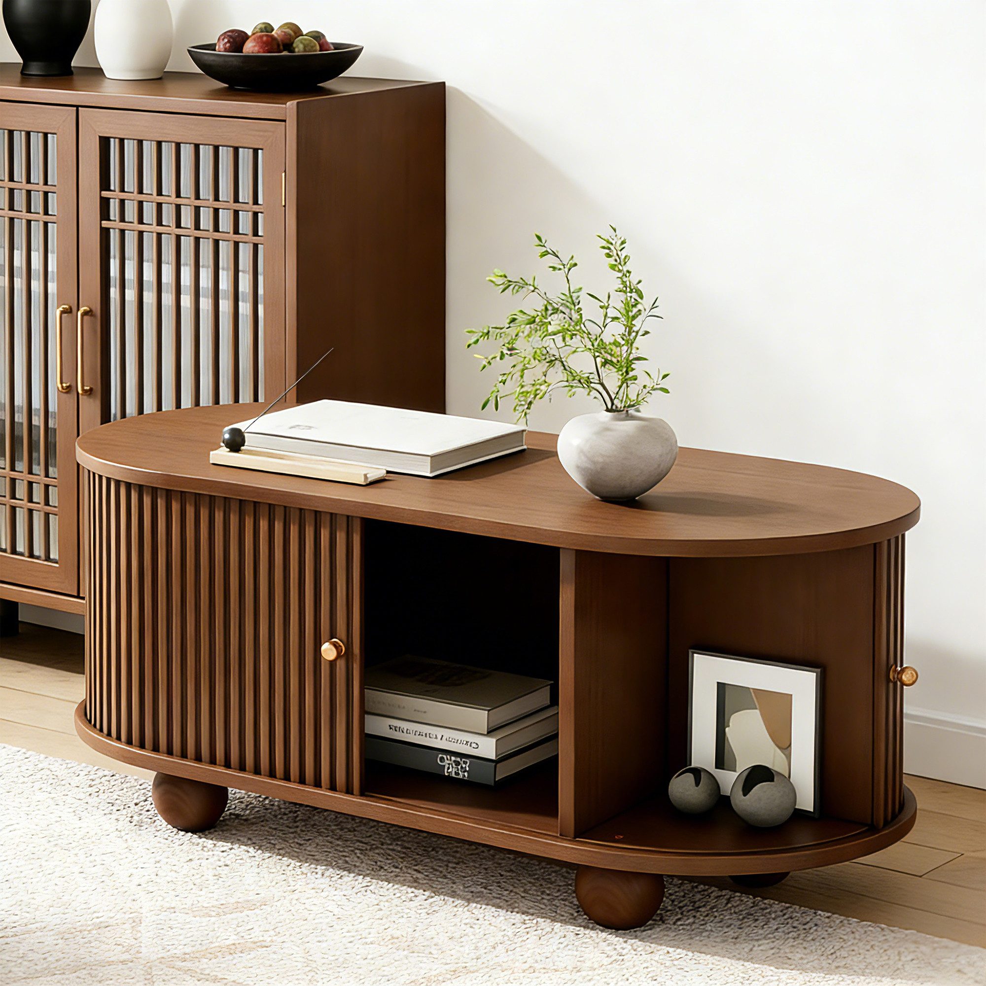 STILVORA TV-Schrank mit Schiebetüren,Ovaler Sofatisch Kaffeetisch mit Kugelform-Tischbeine (Satztisch, Wohnzimmertisch Beistelltisch, 2 Schiebetür) ovale Form, Vertikale gestreifte Schranktüren