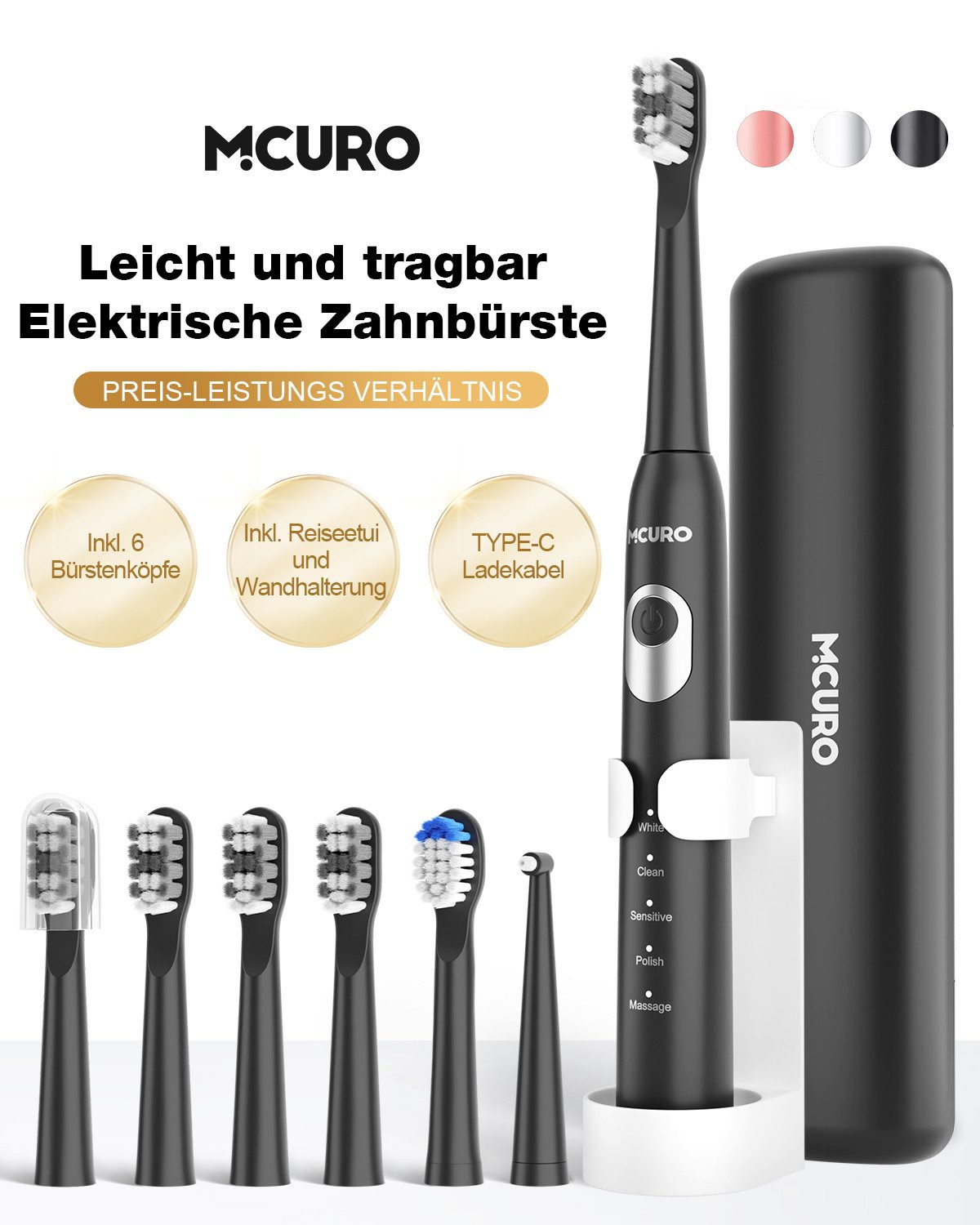 MCURO Elektrische Zahnbürste Schallzahnbürste für Zahnpflege 40000 VPM, 5 Putzmodi, Aufsteckbürsten: 6 St., Reise Зубные щетки,Timer,TYPE-C aufladbar