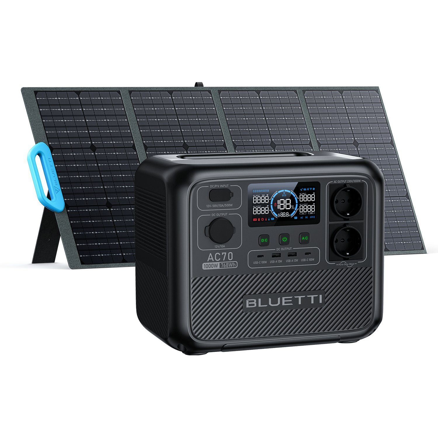BLUETTI Stromerzeuger AC70 Solar generator in 120W Camping, Akku-Zelle, für mit Solar panel, (mit kW, LiFePO4 Haus, Wave generator 1000W Sine Output), Notfall 768Wh 1,00 PV120 Solar Pure Solar kit panel