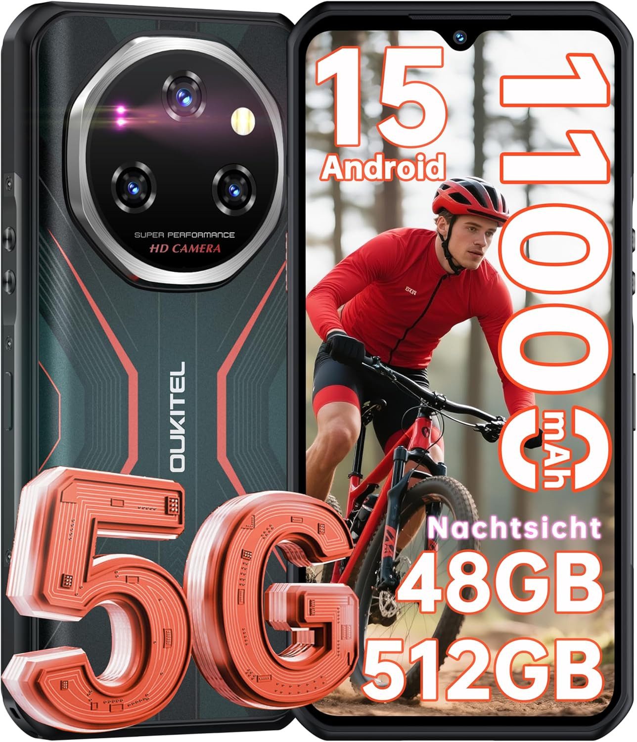 OUKITEL WP55 Pro 48+512GB 5G Outdoor Smartphone (16,76 cm/6.6 Zoll, 512 GB Speicherplatz, 108 MP Kamera, Android 15, IP68 Wasserdicht Baustellenhandy, 11000mAh, NFC, OTG, GPS)