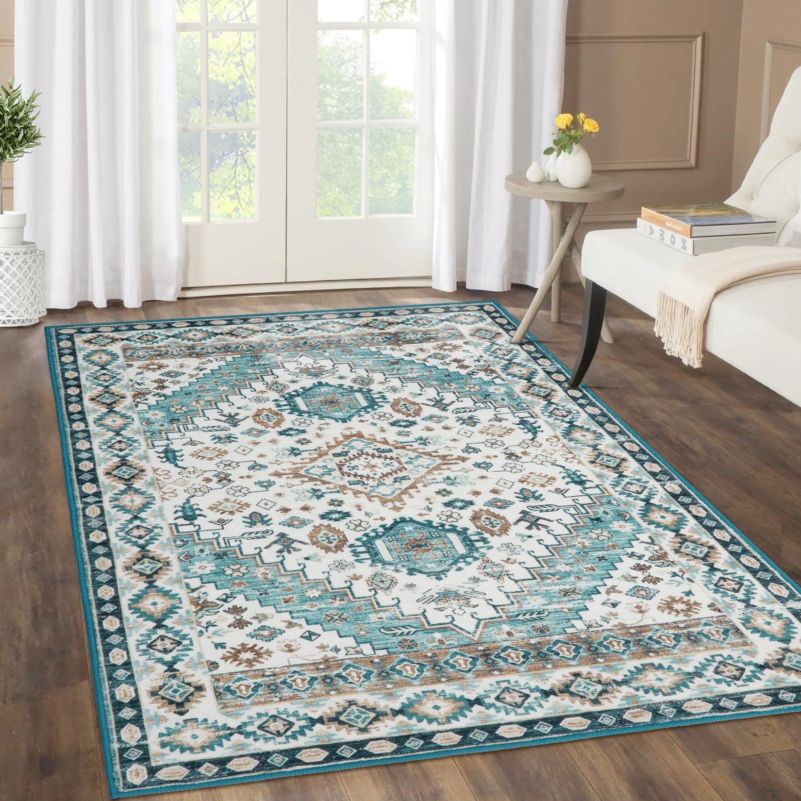 GarveeMore Teppich Waschbarer Vintage Orientteppich Designteppich Läufer Teppich, Rechteckig, Niedriger Flor, Antirutsch, für Flur, Wohnzimmer, Küche