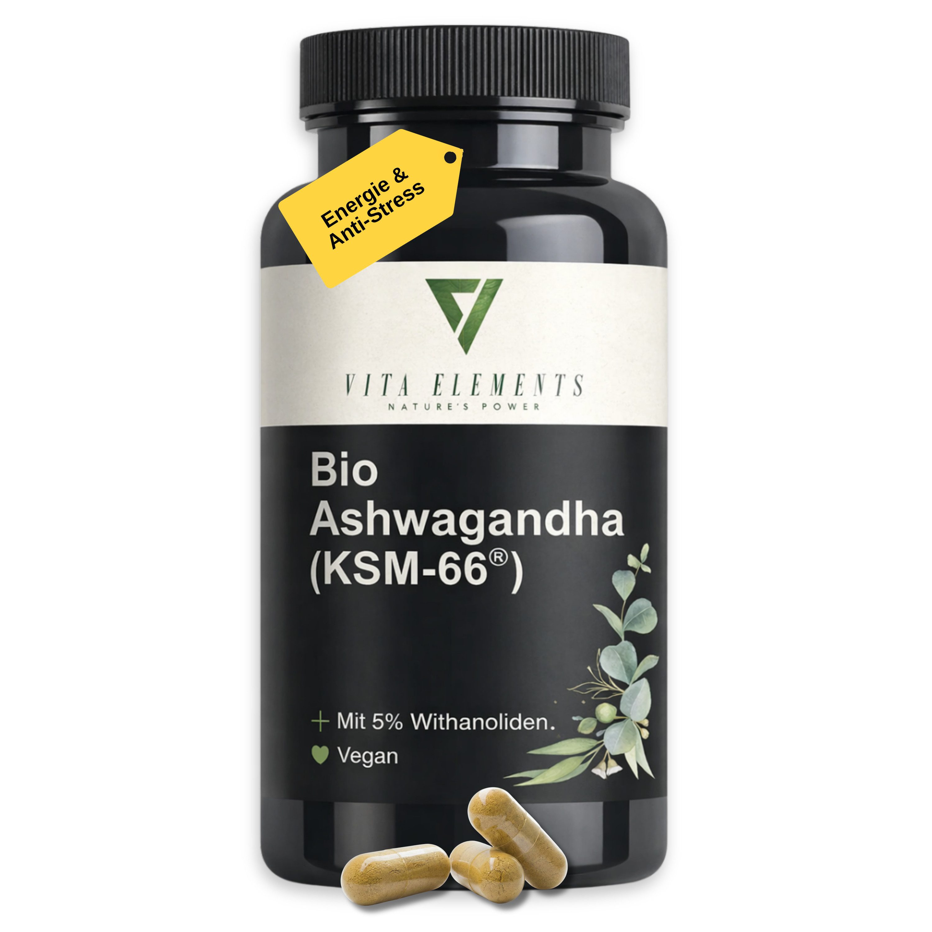 Vita Elements Bio Ashwagandha (KSM-66) Kapseln, 180 St., Vegan Frei von Gentechnik Ohne unnötige Zusätze Laborgeprüft