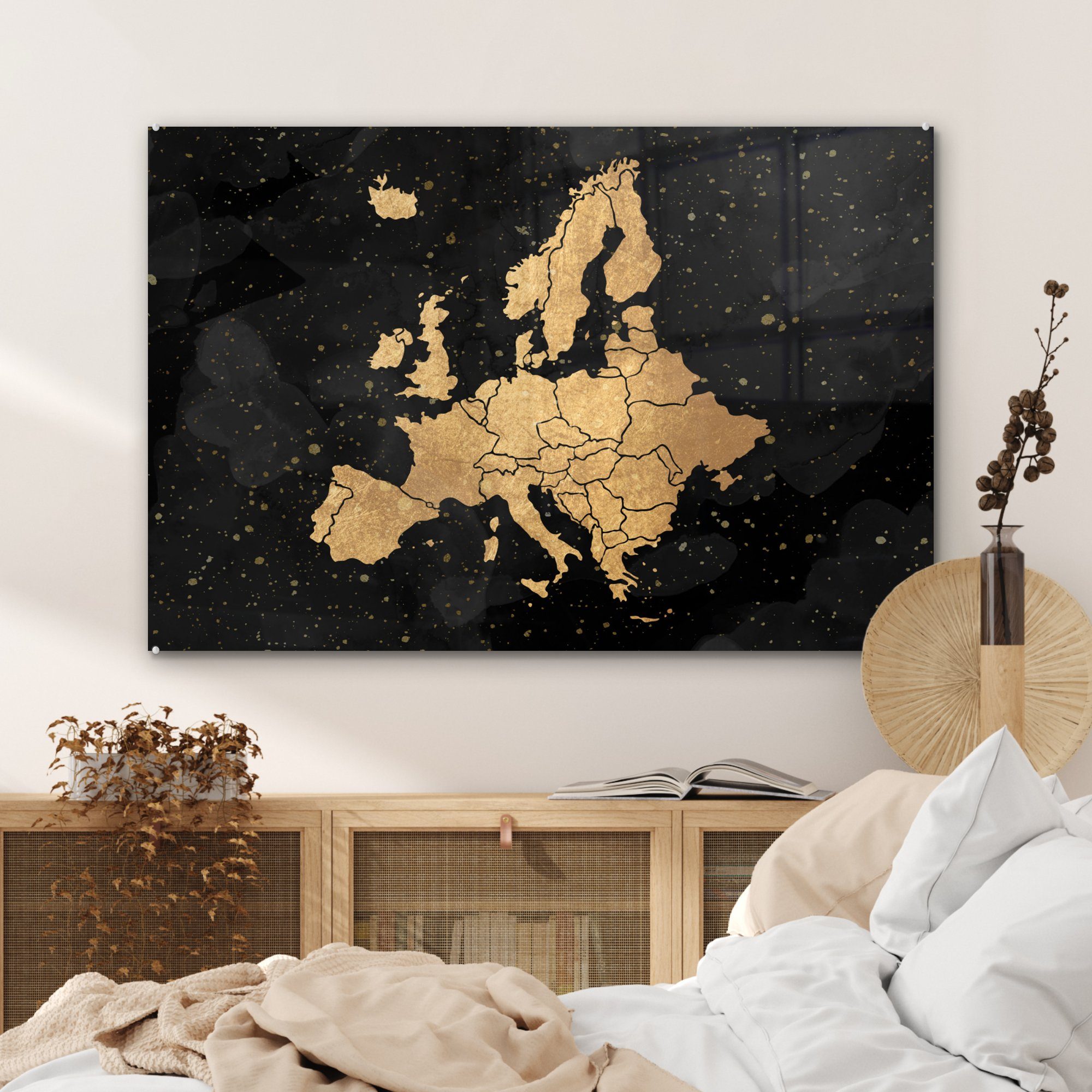 Europa Schlafzimmer - - MuchoWow Acrylglasbilder Karte & (1 Wohnzimmer Gold, Acrylglasbild St),