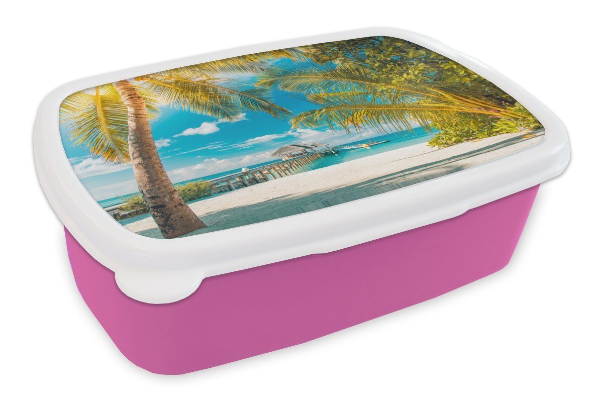 MuchoWow Lunchbox Tropisch - Strand - Palme, Kunststoff, (2-tlg), Brotbox für Erwachsene, Brotdose Kinder, Snackbox, Mädchen, Kunststoff rosa