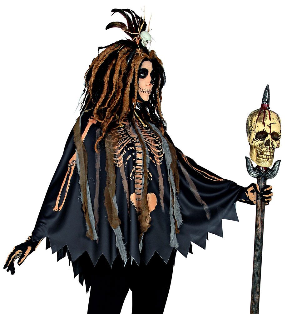 Karneval-Klamotten Kostüm Voodoo Poncho Damen gruselig m Totenkopf Haarreif, Halloween Frauenkostüm mit Skelett Aufdruck Karneval Fasching
