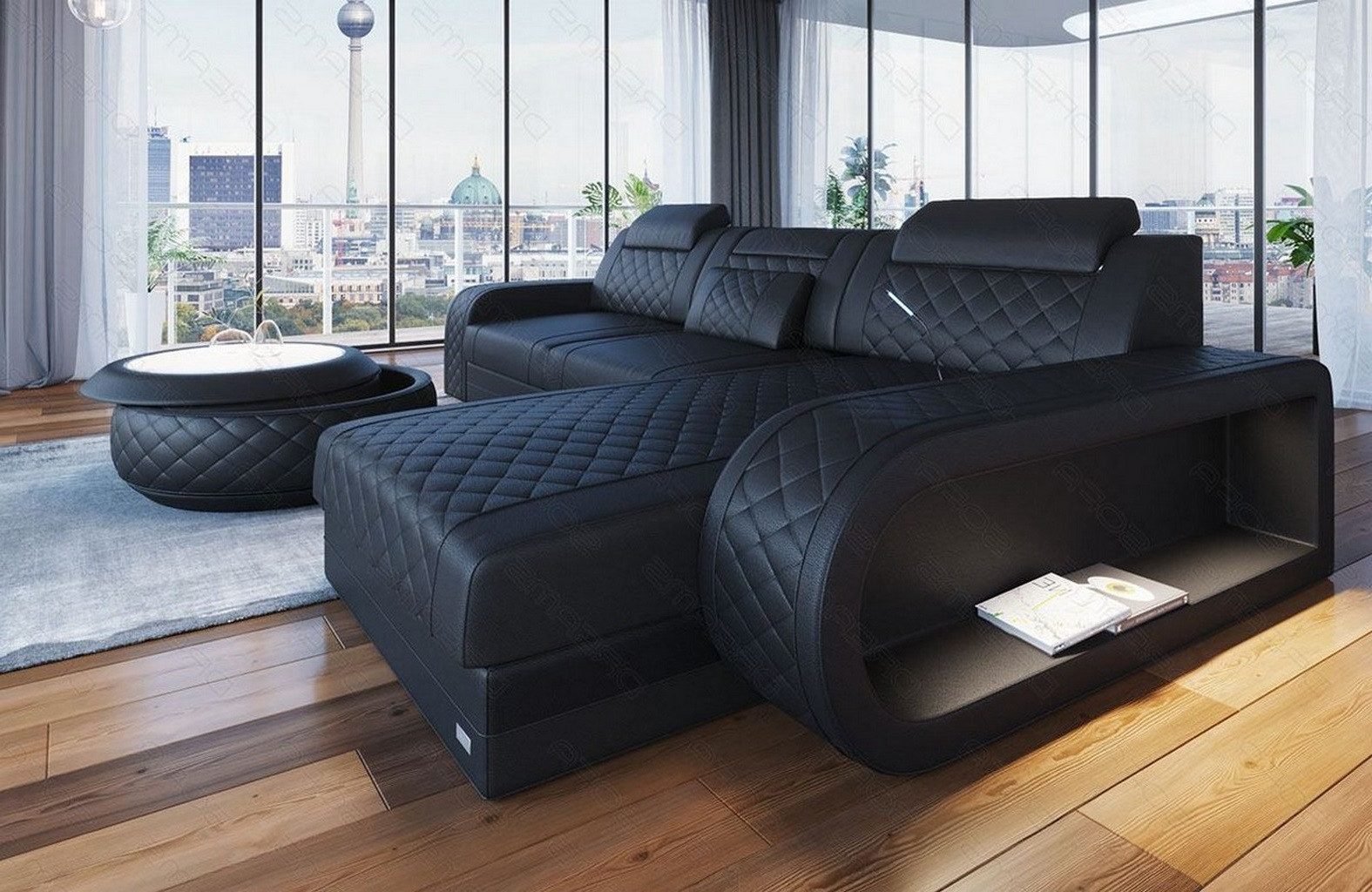 Sofa Dreams Ecksofa Berlin L Form Leder, Ecksofa, Ottomane, LED-Beleuchtung, Breite: 308cm, Zierkissen, 4-Sitzer, USB