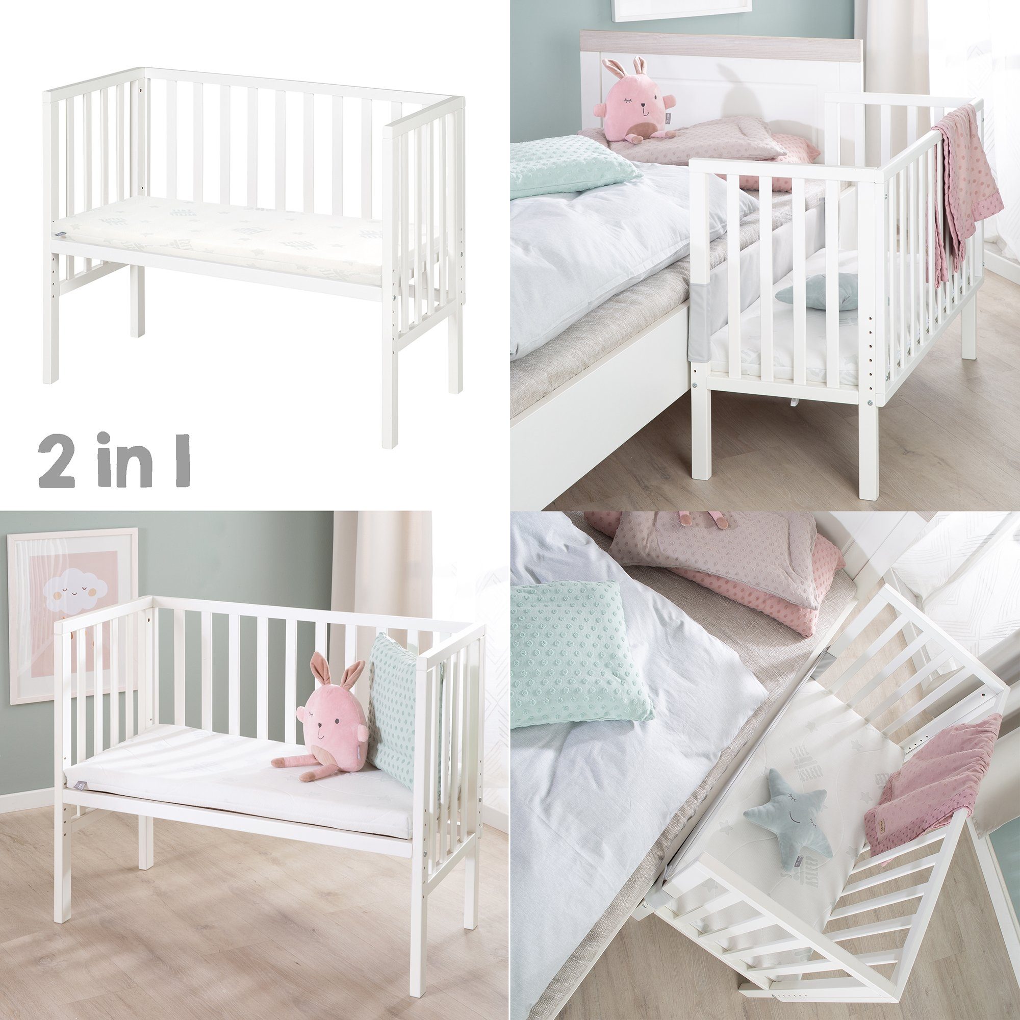 roba® Beistellbett 45 x 90 cm, Höhenverstellbar mit Barriere + Matratze