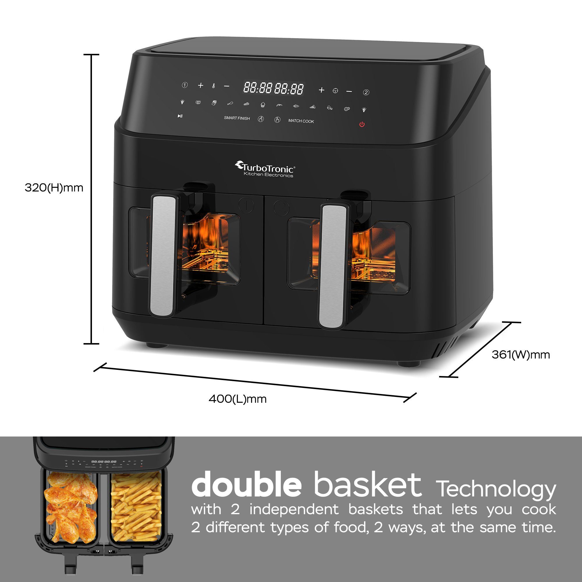 TurboTronic by Z-Line Heißluftfritteuse XXL Doppelkammer 2 x 0,5 kg Pommes 200C Power dualZone 12in1 Airfryer, 1600 W, Dual-Airfryer, Smart-Finish-Funktion, 360° Rapid-Air-Technologie