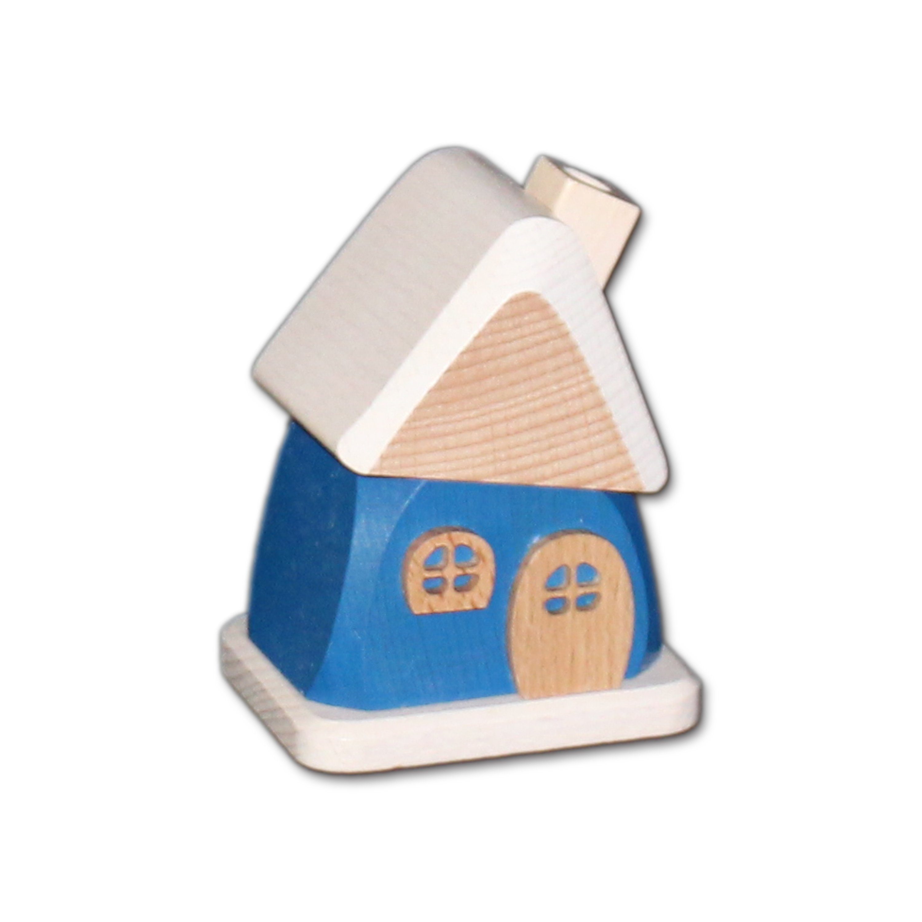 Holzwaren Egermann Räucherhaus kleines Räucherhaus in Blau - 9cm - aus Holz - für Räucherkerzen S, erzgebirgische Räucherdeko aus Holz - Handarbeit - Made in Germany