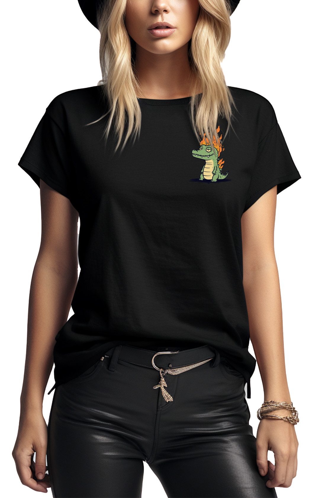 MAKAYA T-Shirt Weißes Kurzarm Top mit Tiermotiv - Lustiger Krokodil Aufdruck (Weiß, Schwarz, S, M, L, XL) Baumwolle
