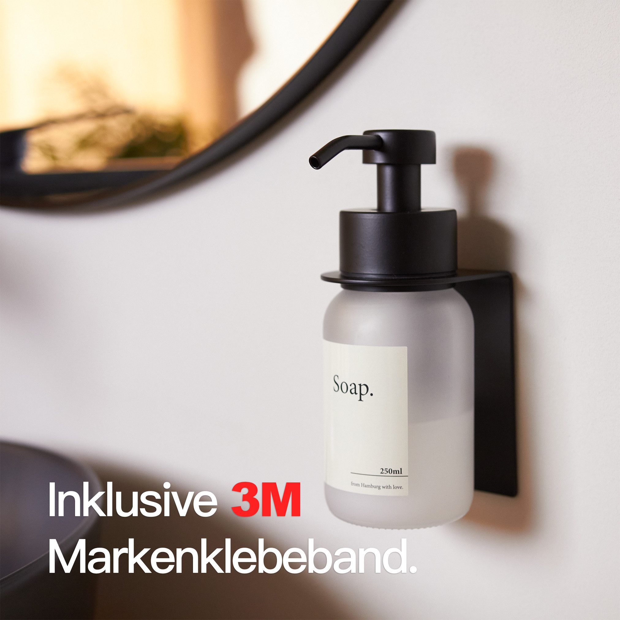 Designfabrik Hamburg Seifenspender Wandmontage ohne Bohren 250 ml, Pumpspender für Flüssigseife, (1-tlg), Glas & Edelstahl, inkl. Markenklebeband für besonders starken Halt