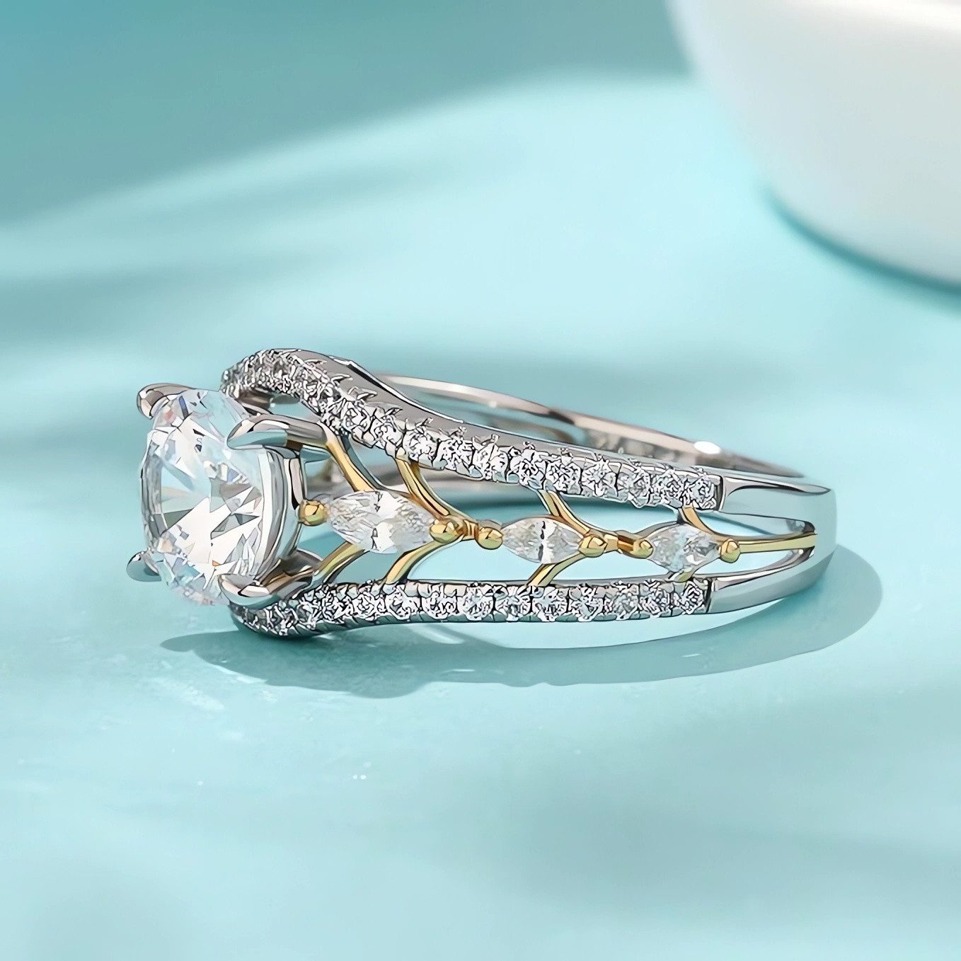 Jumpeak Diamantring Labordiamant,Kontrastfarben-Design,Verlobungsringe Frau,Mama Geschenk, 1,2 ct Diamant Ring Damen,E,VS2,3EX,14K-Gold,luxuriös glänzend,Rund