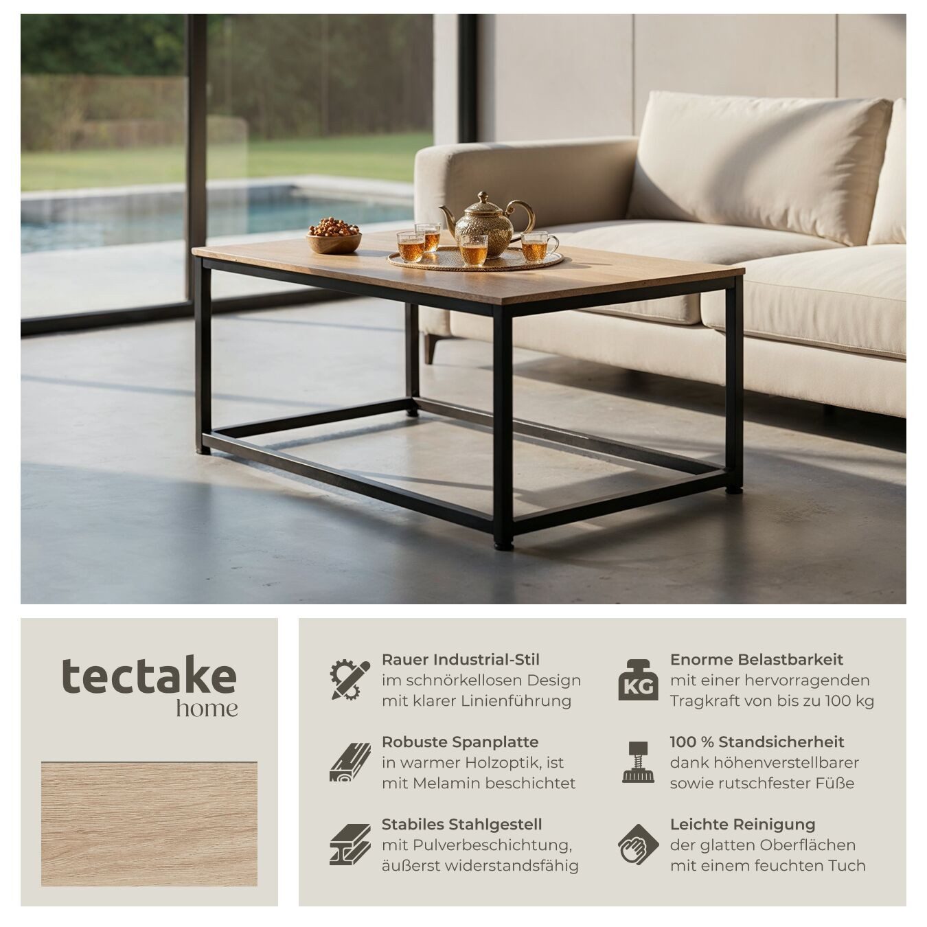 tectake Couchtisch Lynch (1-St., 1 tlg), Rechteckiger Couchtisch im schnörk günstig online kaufen