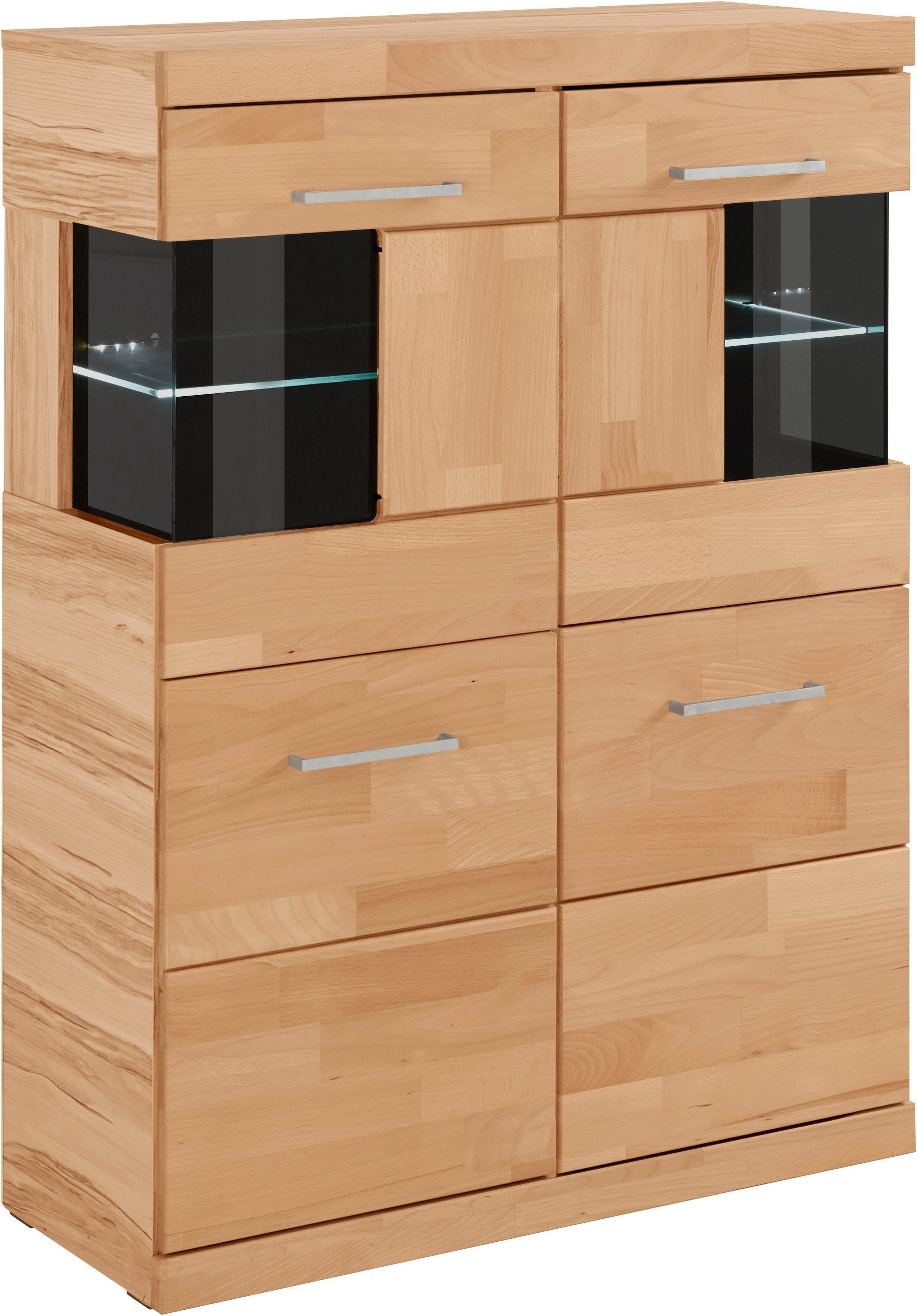 OTTO home Highboard Ribe,85cm breit,115cm hoch, Fronten Massivholz,4 breite Fächer, Korpus Holzwerkstoff,2Türen mit Glaseinsatz, Böden versetzbar