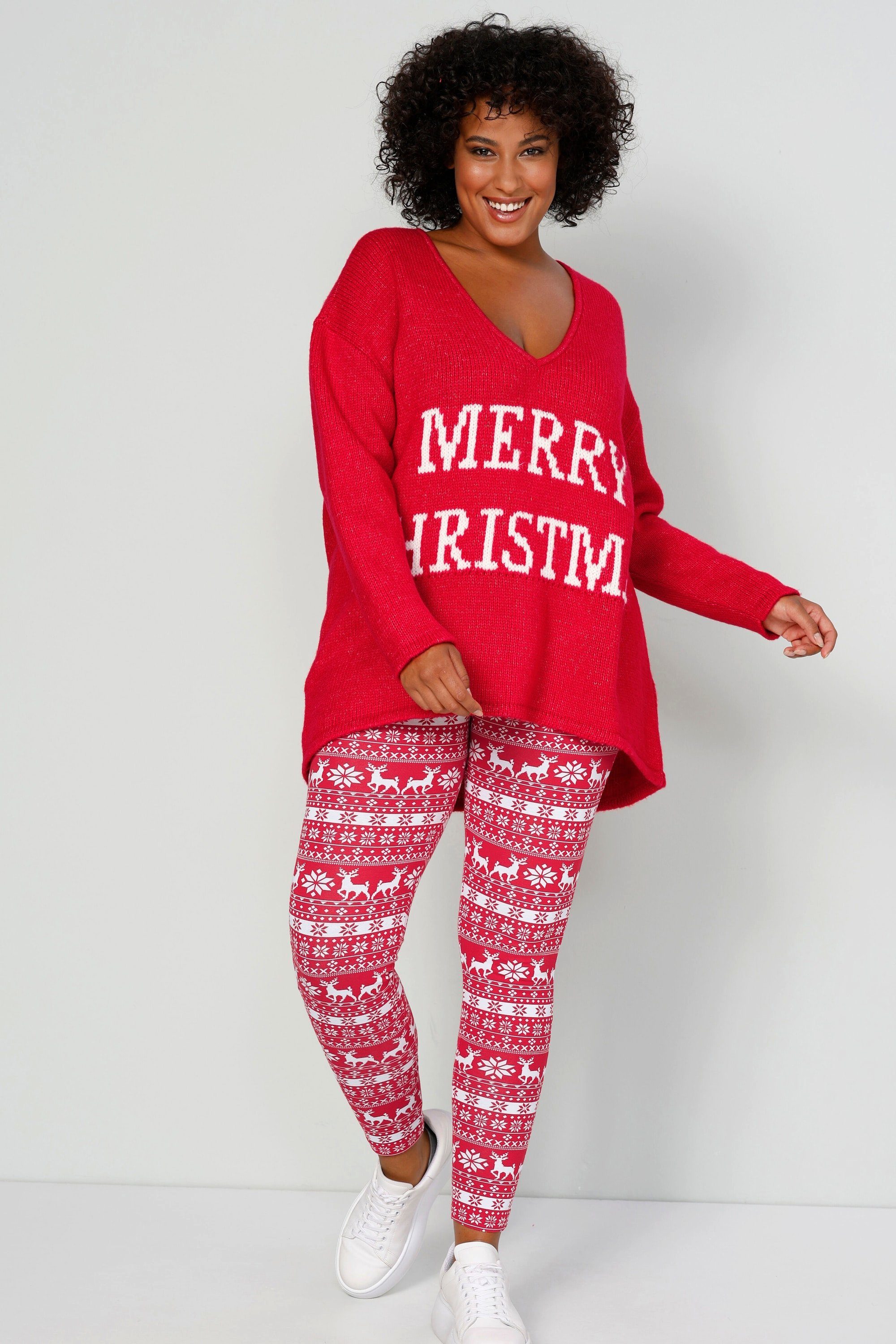 Angel of Style Strickpullover Pullover oversized Merry Christmas V-Ausschnitt