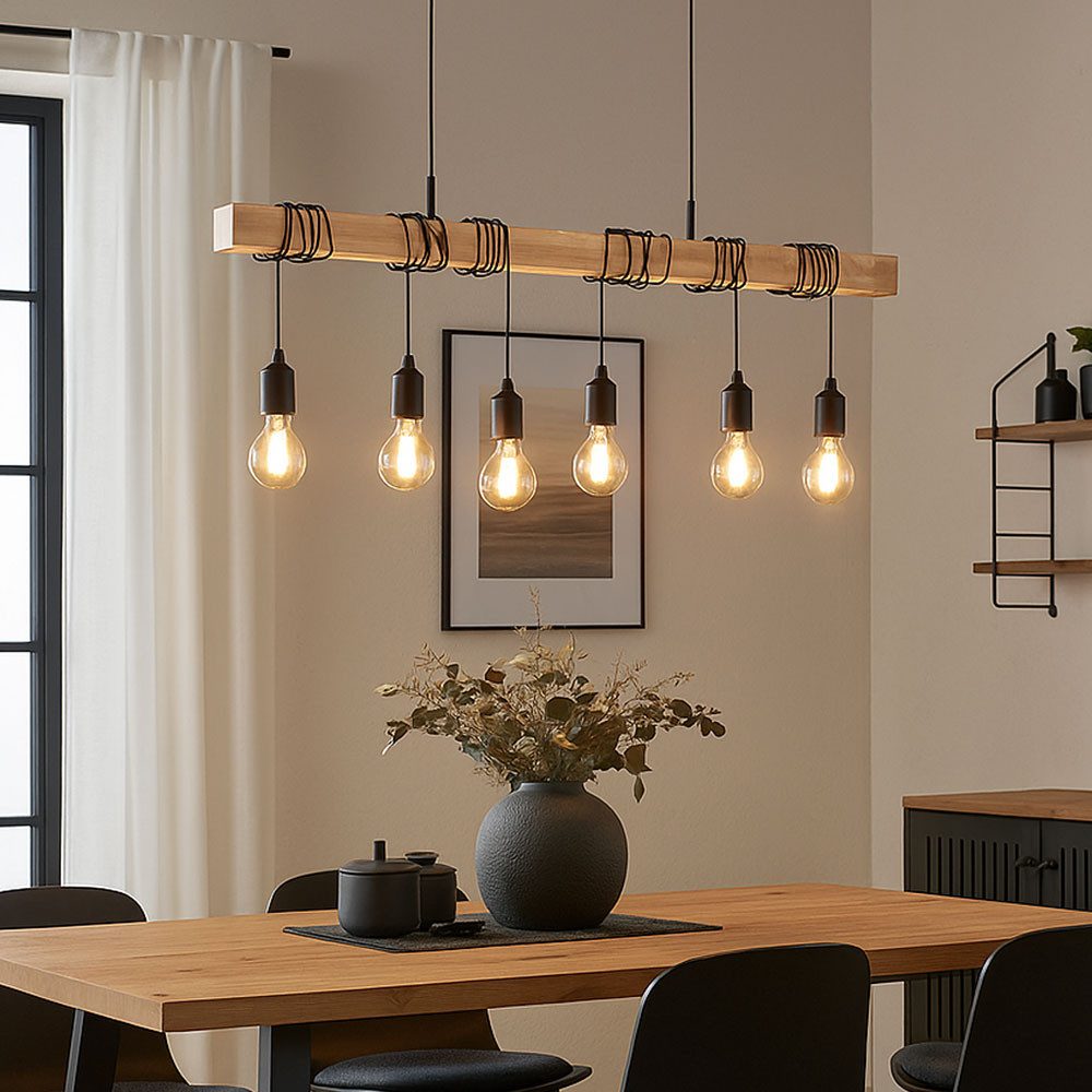 EGLO Hängeleuchte, Leuchtmittel nicht inklusive, Hängelampe Pendelleuchte Esstischlampe Holzbalken 6 flammig H 191,5 cm