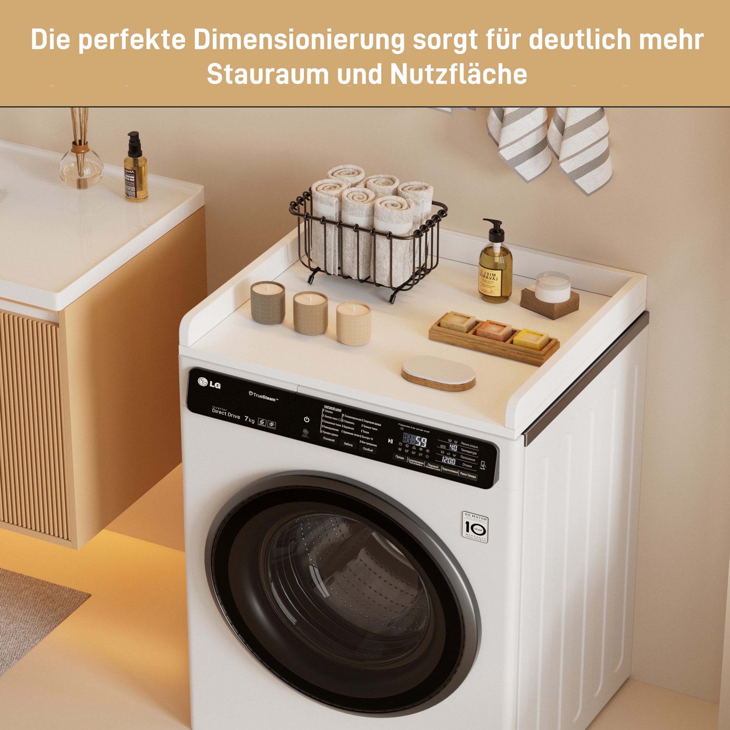 TWSOUL Arbeitsplatte Waschmaschinenaufsatz 61×60 cm mit Rand,Rutschfeste Unterlage für, Waschmaschine & Trockner, Weiß