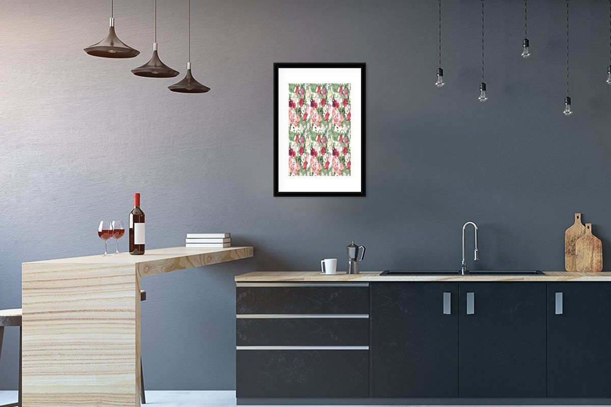 MuchoWow Poster Pfingstrose - Blumen - Farben - Rosen, (1 St), mit Rahmen, Kunstdruck, Gerahmtes Poster, Schwarzem Bilderrahmen