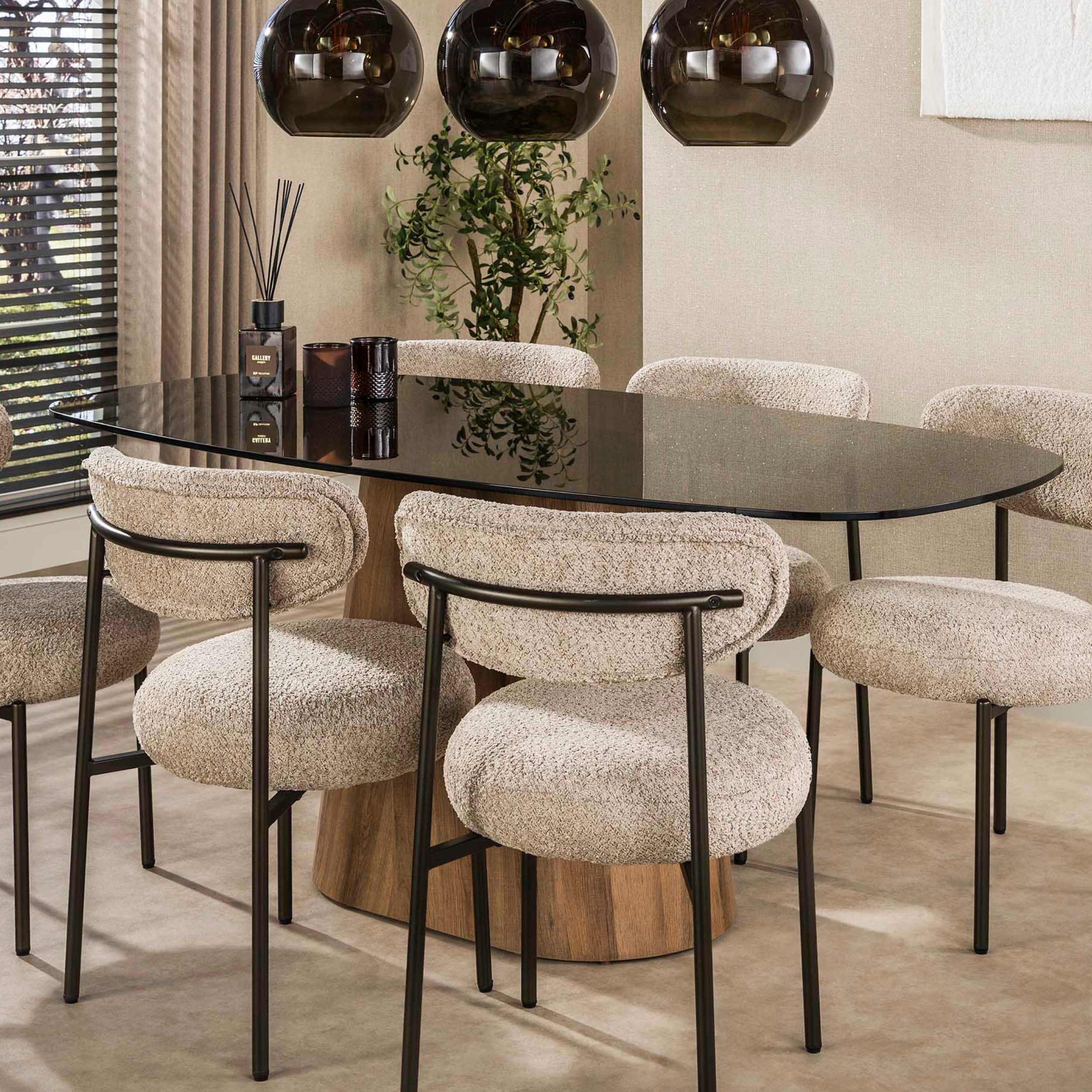 alesvelt Esstisch TINTO CENTRO Dänisch-Ovaler Säulentisch mit Rauchglas 180 cm (1-Tisch), 180x90x76cm, Eichenholz-Optik