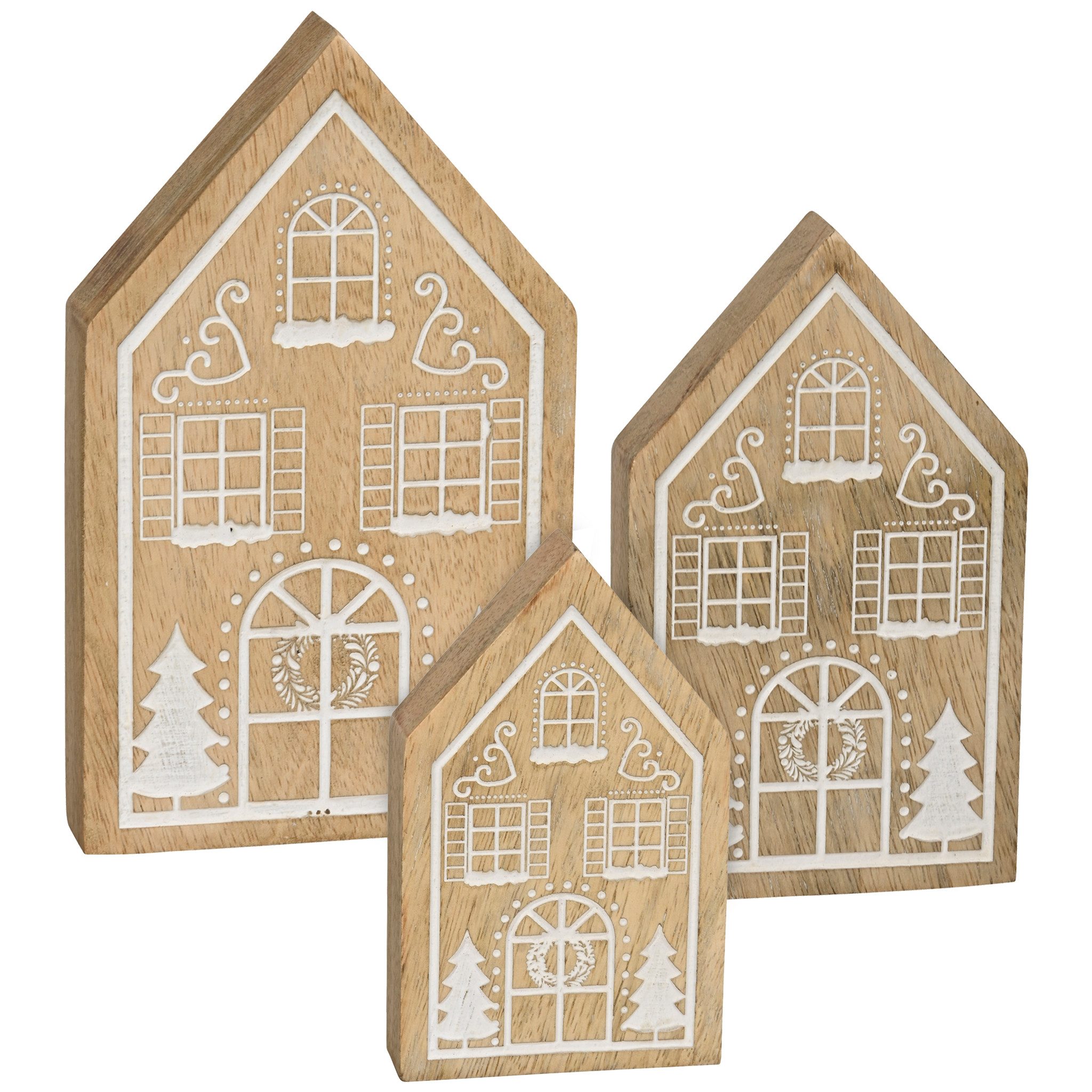 matches21 HOME & HOBBY Dekofigur Holzhäuser 3er Set Weihnachtsdeko Dekohaus für Weihnachten (3 St), Winterliche Tischdeko im Landhausstil