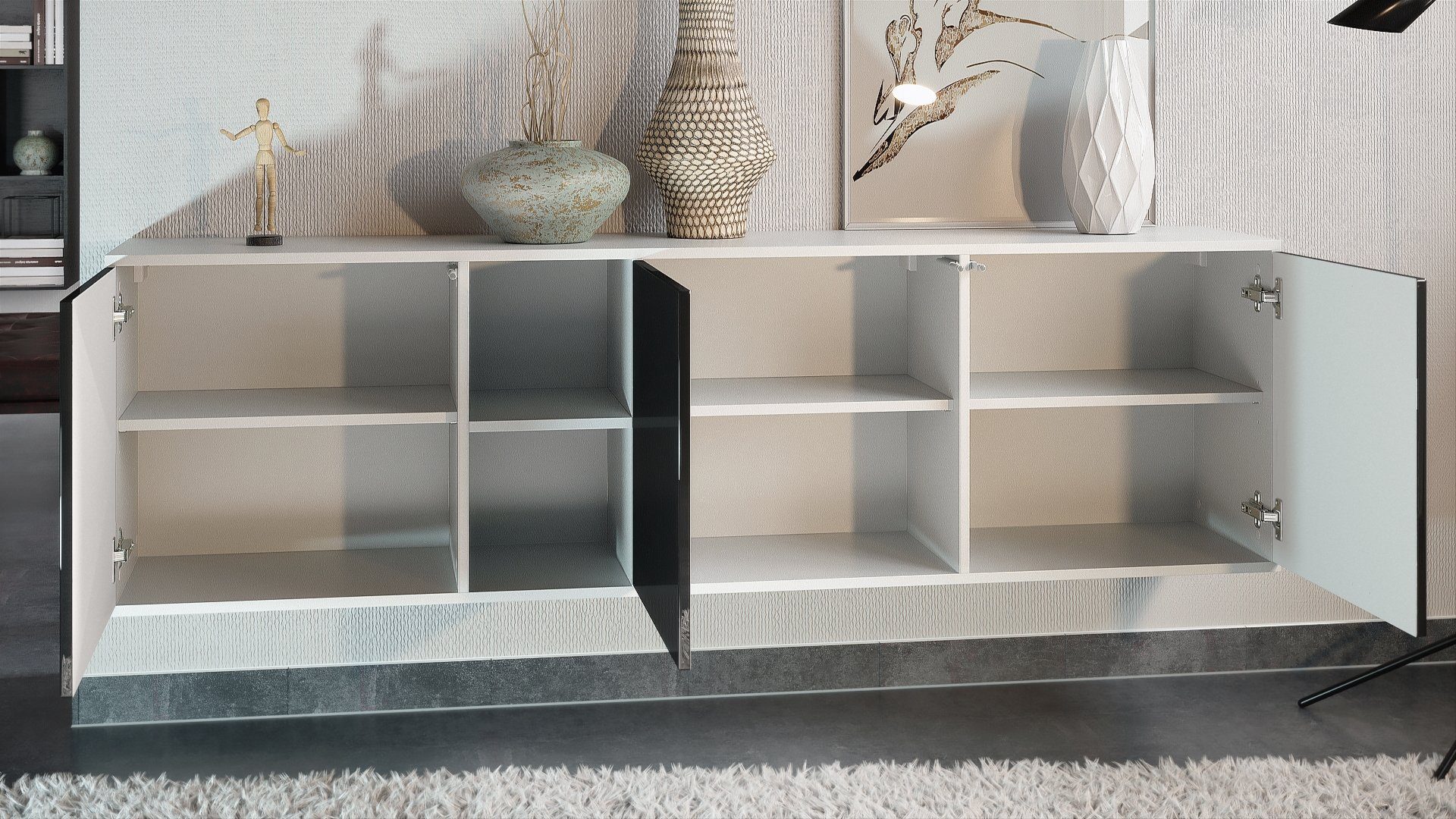 Vladon Sideboard Cuba (Kommode, mit 3 Türen und 2 offene Fächer), Weiß matt/Bordeaux Hochglanz (182 x 53 x 35 cm)
