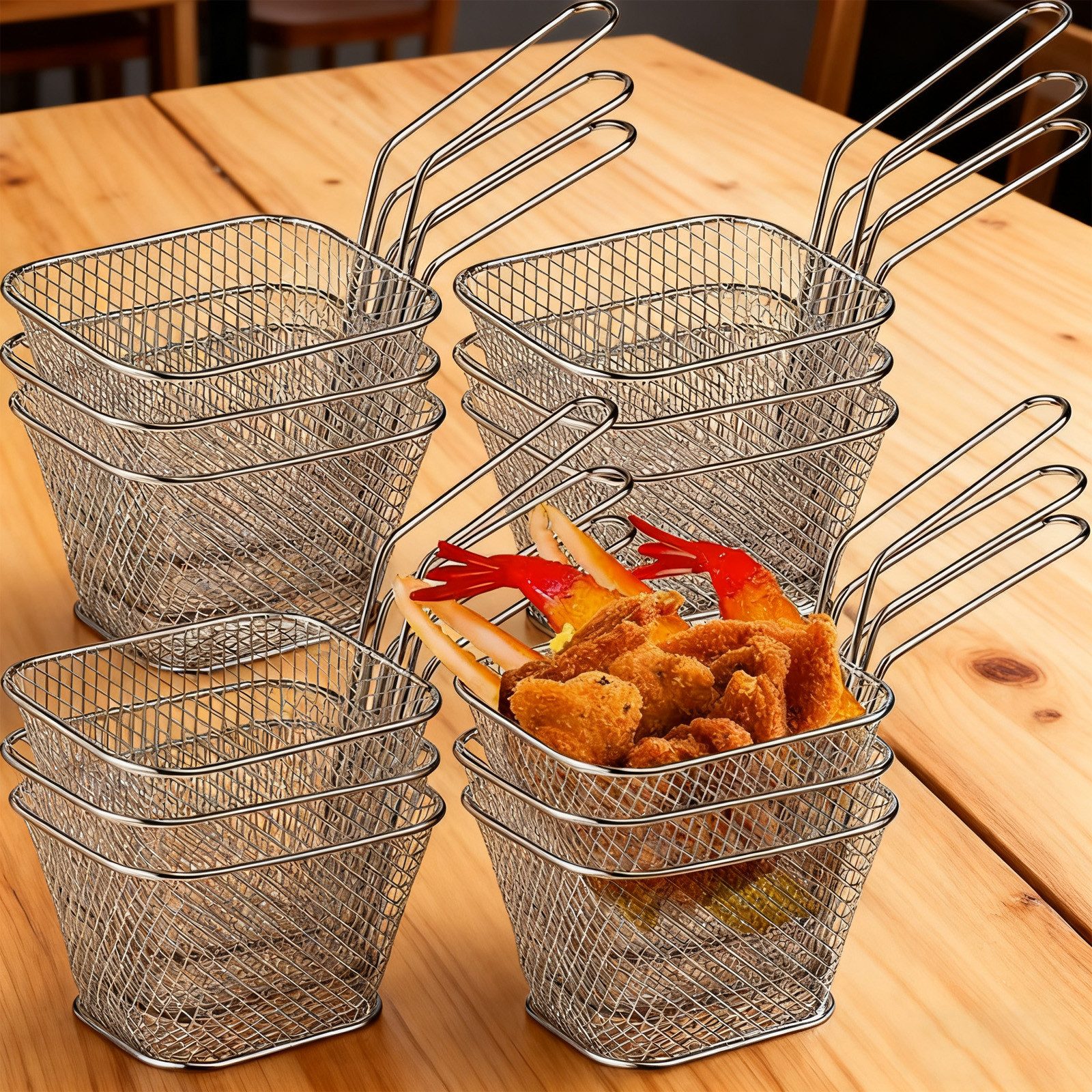 REDOM Frittiereinsatz Frittierkorb 12er Set Mini Servierkörbe Pommeskorb Frittiernetz, (Küchenzubehör Edelstahl für Pommes Snacks Beilagen hitzebeständig, 12-tlg), Frittierkorb eckig mit Henkel ideal für Küche Restaurant Party