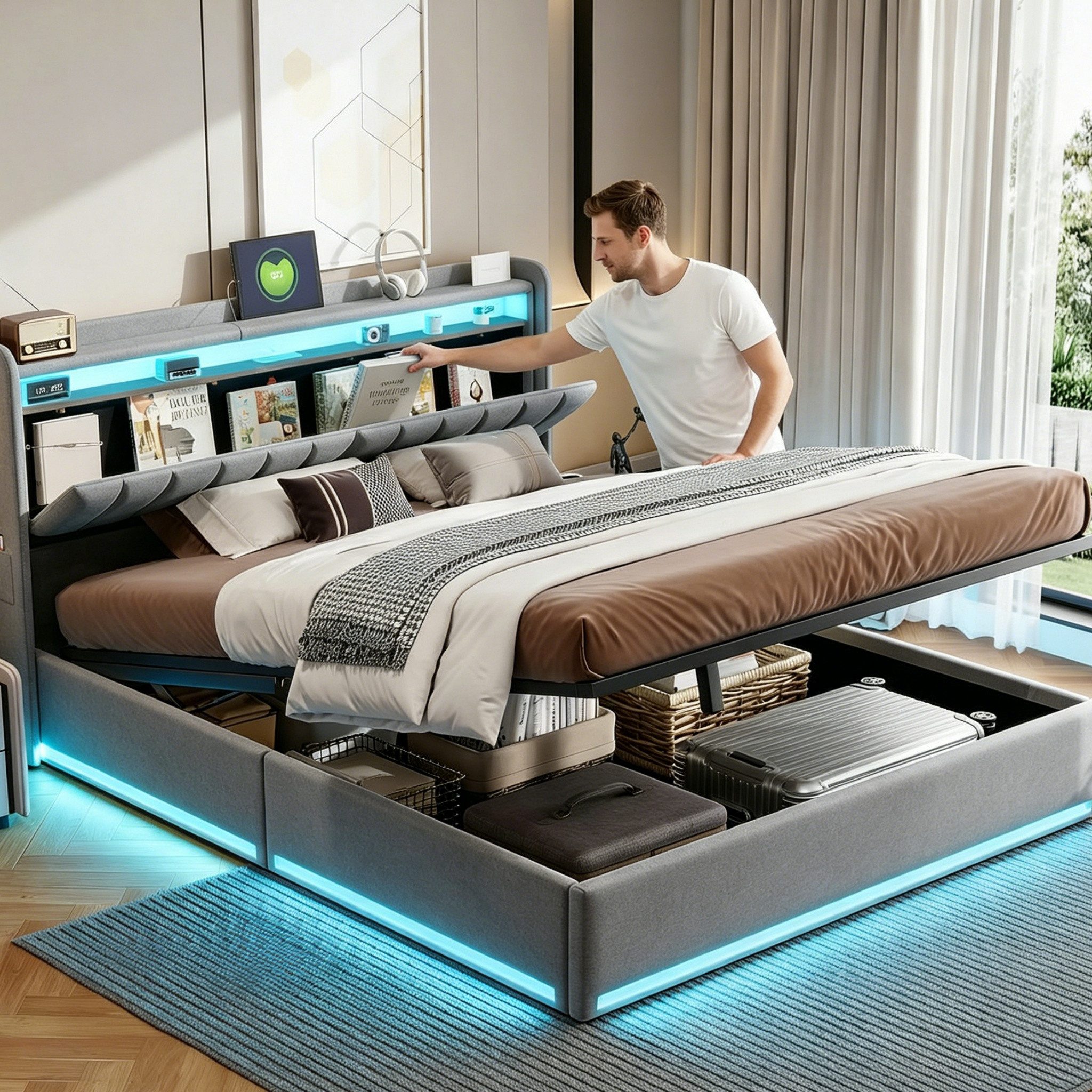 PXloue Polsterbett LED Doppelbett, Bettkasten, Ladefunktion, Samt, 140x200 cm