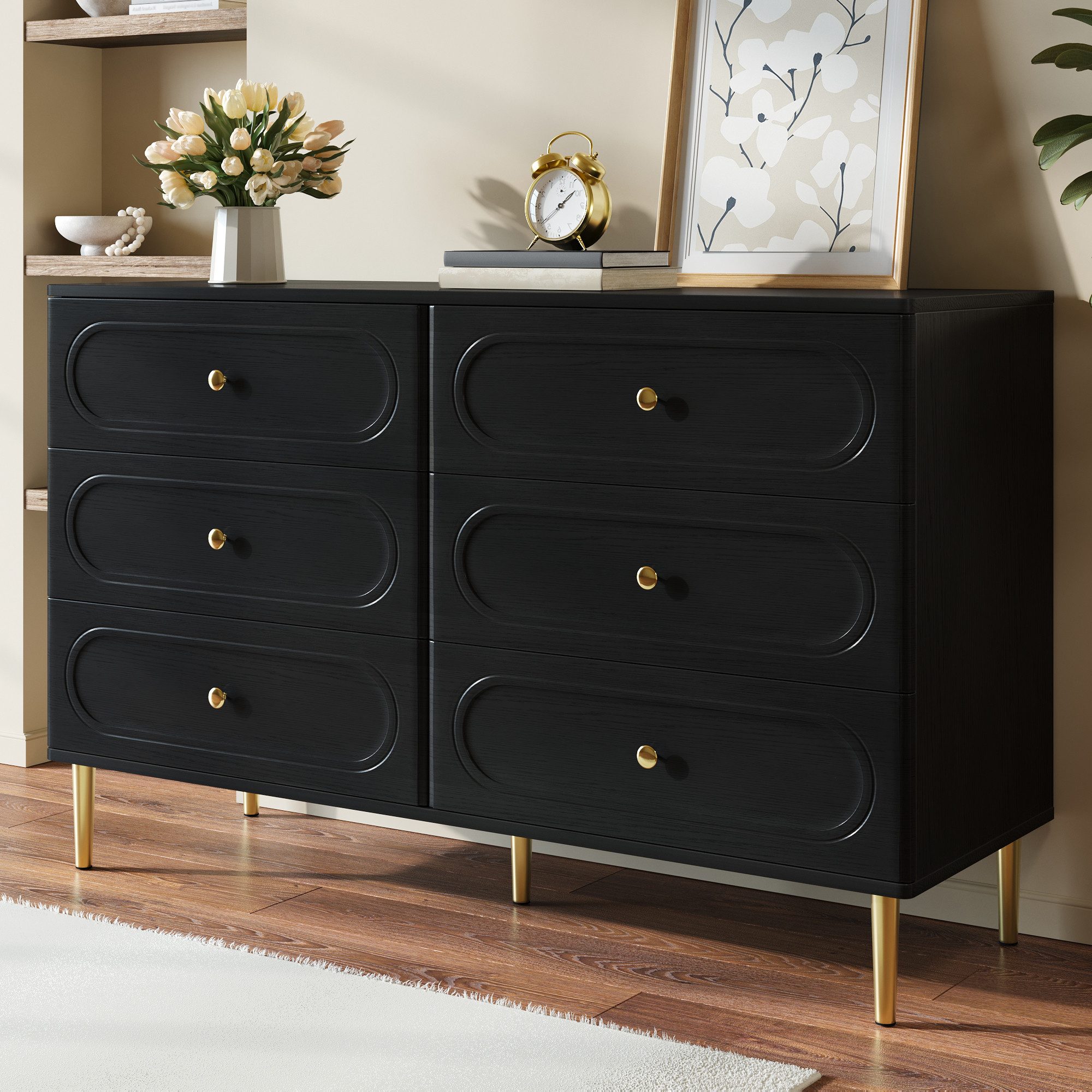 Merax Sideboard mit ovalen Vertiefungen & Metallfüßen (120 x 40 x 75 cm (L x B x H), 1 St), Aufbewahrungsschrank Kommode mit 6 Schubladen & großem Stauraum
